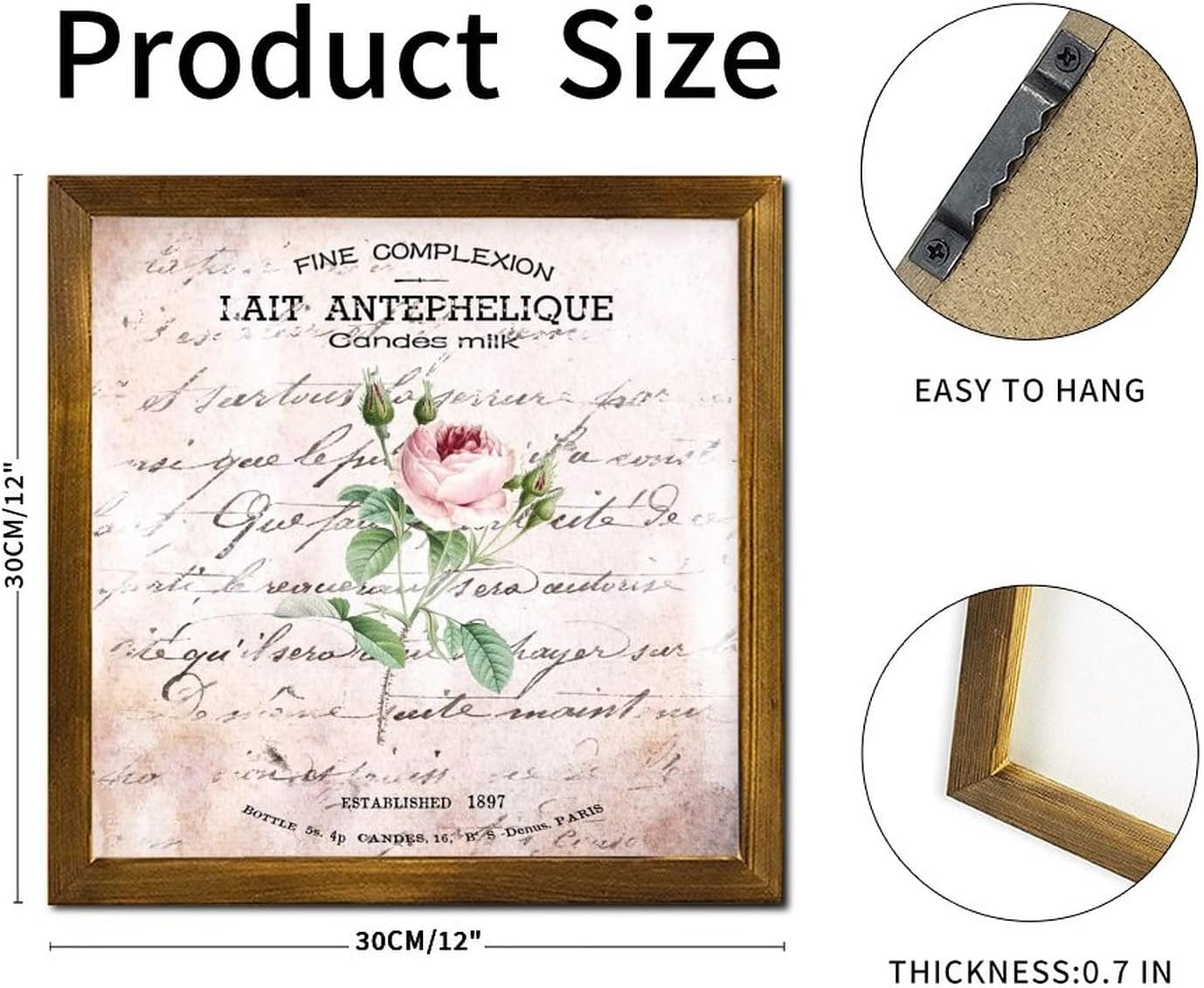 Fine Complexion Candes Framed Wood Signs Vintage French Rose Flower Wooden Wall Hangings Retro Blossom Floral Wall Art Hanging Farmhouse Decoration Plaque for Home Kitchen Bedroom 12x12 inch