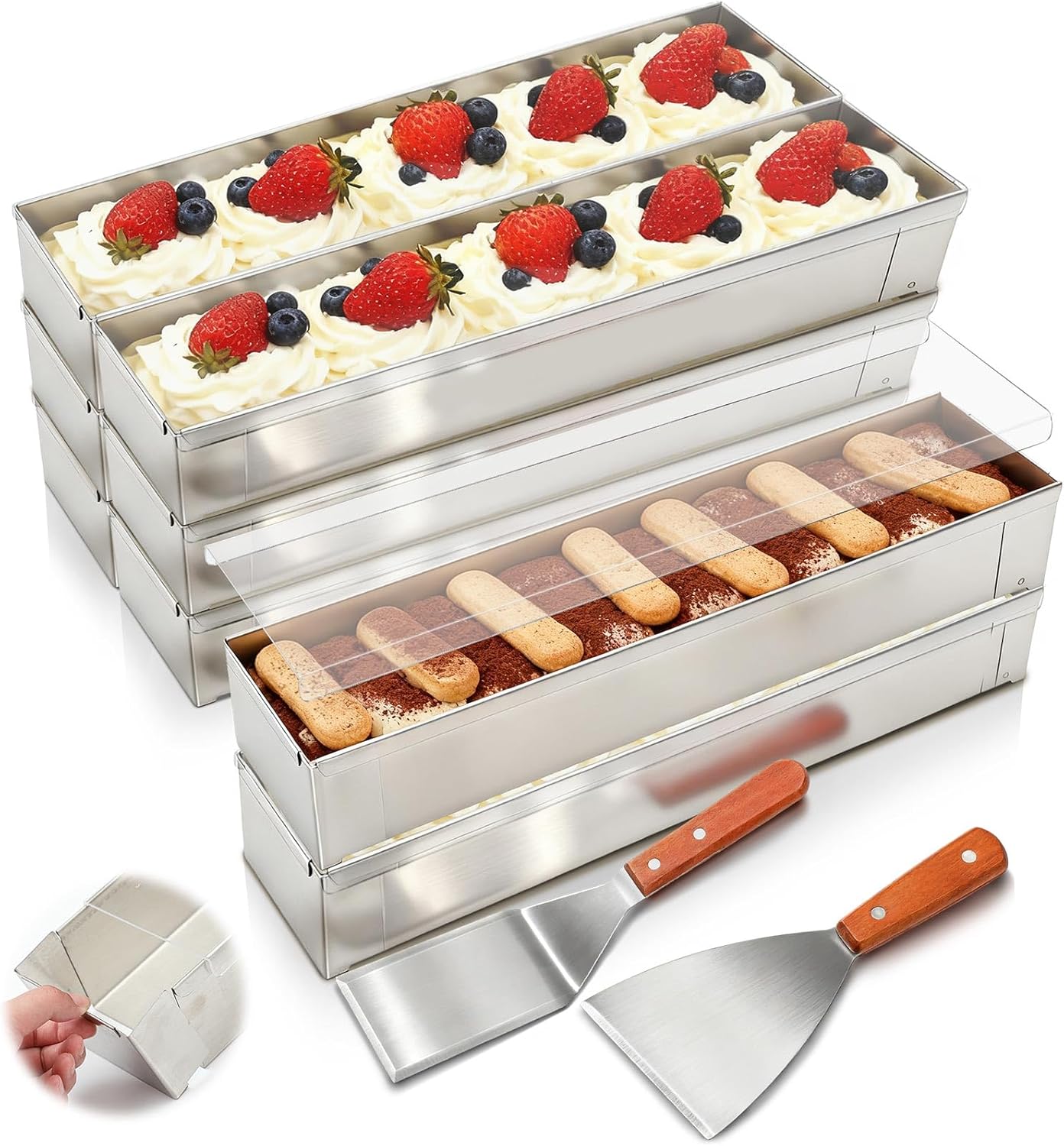 Blushtier 8 Pcs Nonstick Rectangle Tiramisu Cake Pan with Acrylic Lid and 2 Metal Spatula Removable Frame 304 Stainless Steel Cake Baking Molds for Tiramisu Cheesecake Mousse (15.75x3.94x2.56 Inch)