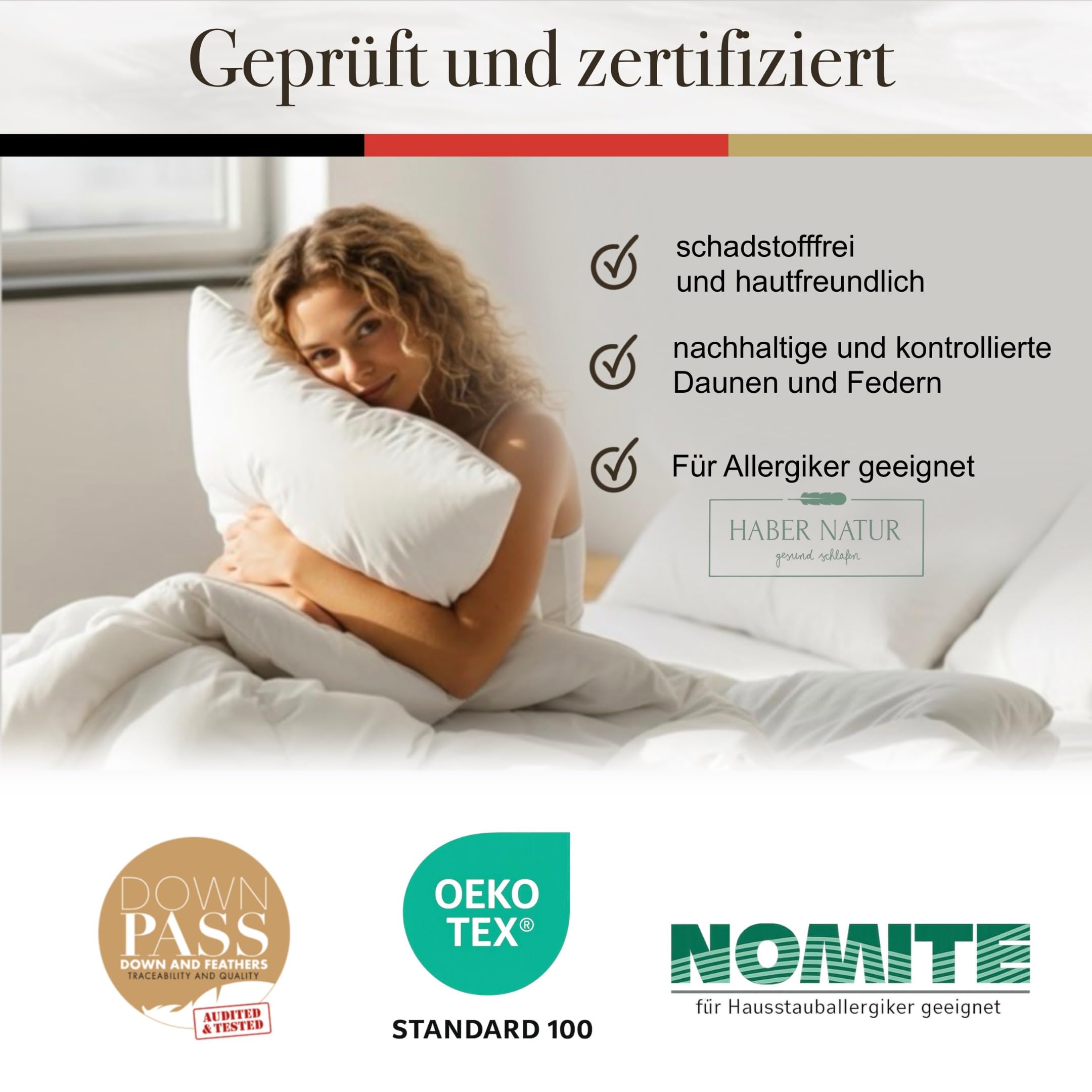 HABER NATUR 3-Kammer Daunenkissen 40x80 2 Stück-Made in Germany-Kopfkissen | 90% Daunen & 10% Federkissen | 700g Füllgewicht |Allergiker geeignet (NOMITE) | Tierwohl (DOWNPASS) | Oeko-TEX Klasse 1