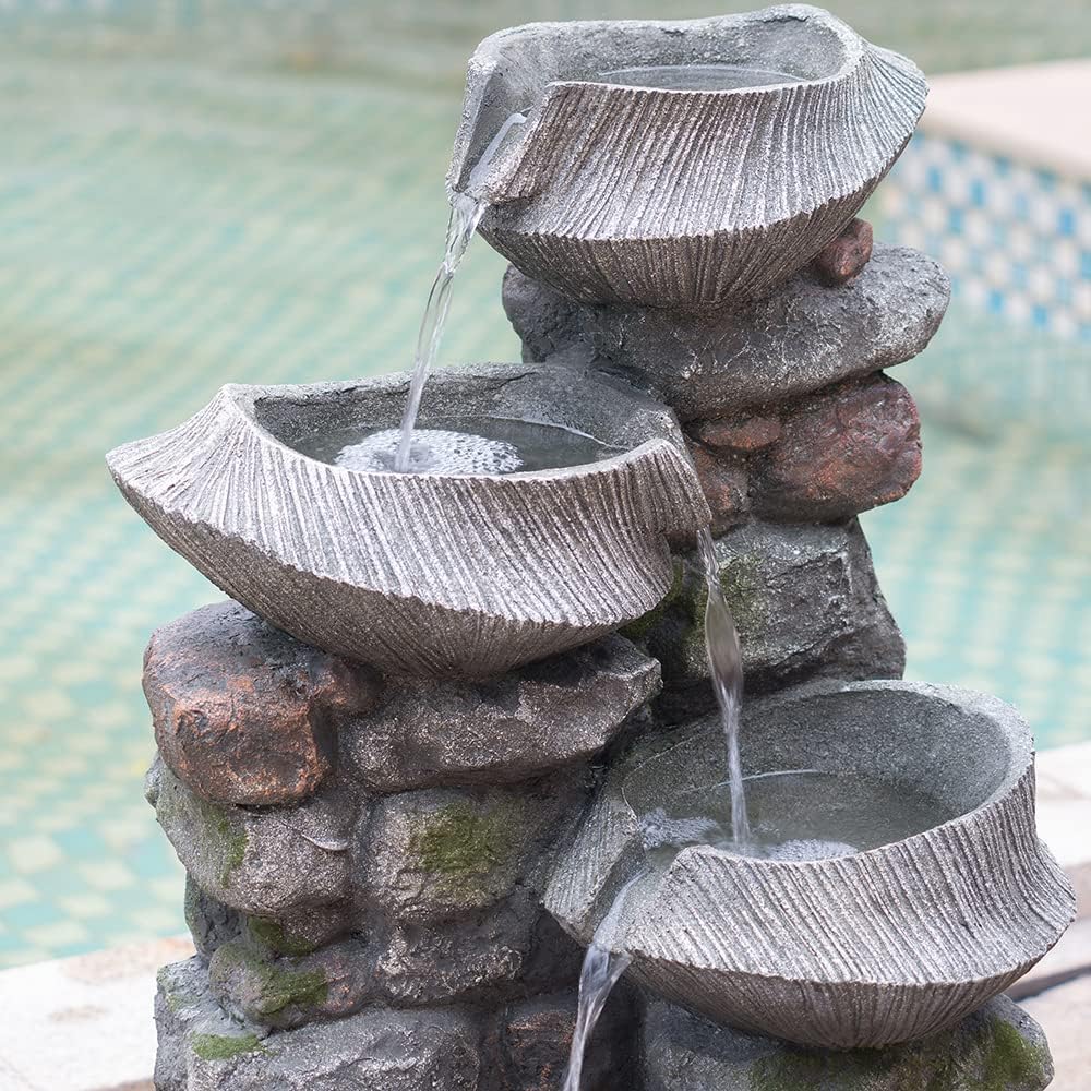 Generic Mianty Indoor Outdoor Stone Water Fountain for Good Fortune Mascot, 4 Tier Resin Cascading Rock Bowl Freestanding Fountain with LED Lights., Gray