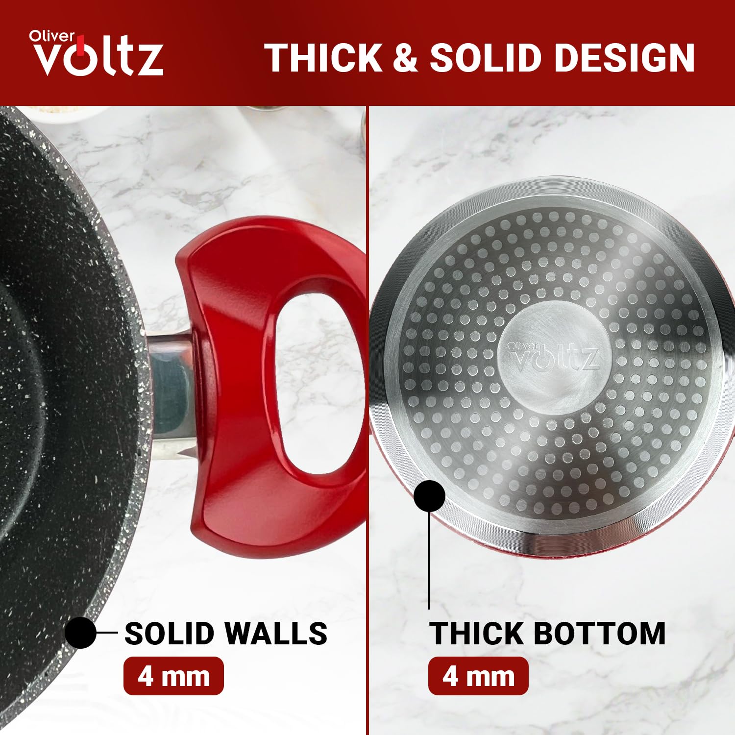 Oliver Voltz Marmite À Induction Avec Couvercle En Verre Et Poignées En Silicone, Échelle De Mesure Du Volume, Passe Au Lave-Vaisselle, 18 cm, 2,5 Litres, Rouge