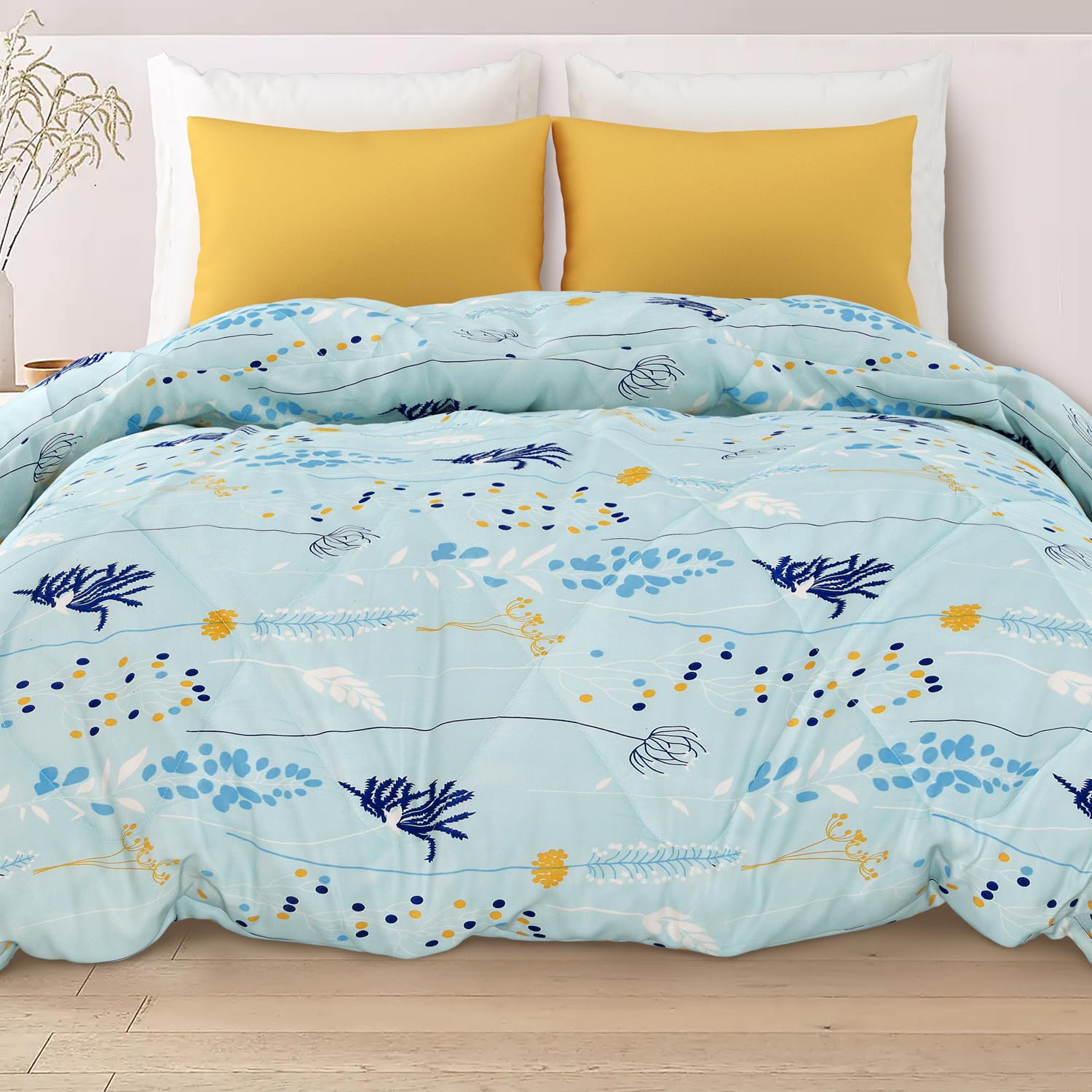 Haus and Kinder Microfiber Comforters for Single Bed | 150 GSM Printed Blanket Quilt | Size 147cm x 225cm (Wild Flower Blue)
