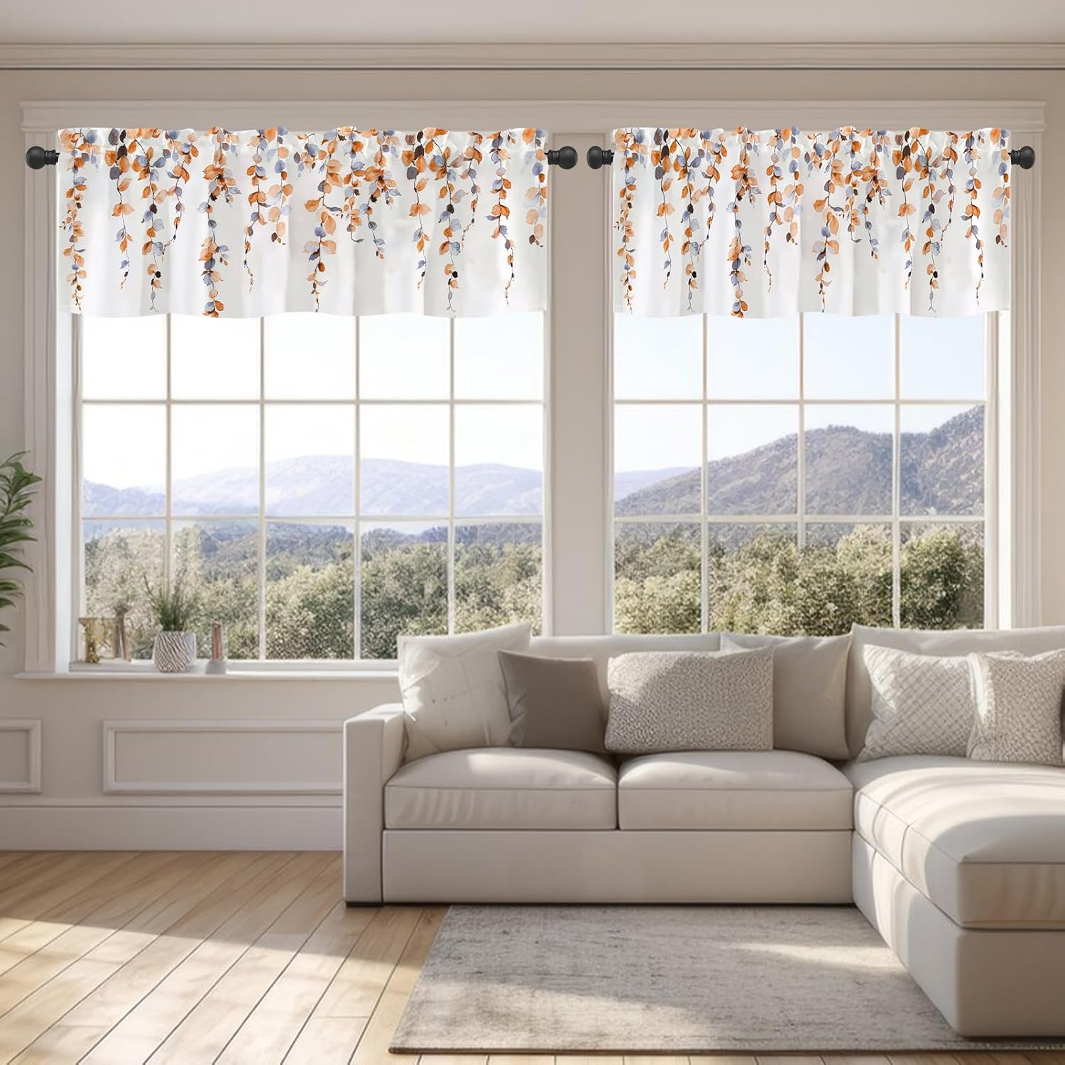 2 Panels Kitchen Valances Watercolor Printed Topper Curtain Eucalyptus Leaves Short Window Curtain Rod Pocket Light Filtering Orange Leaves