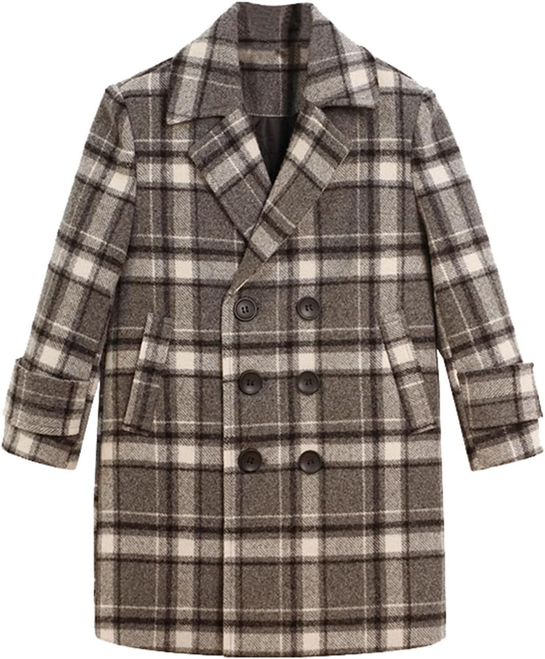 Kids Plaid Woolen Trench Coat Elegant Double Breasted Mid-Long Lapel Blazers Winter Suit Jackets for Boys Girls 1-15 Years
