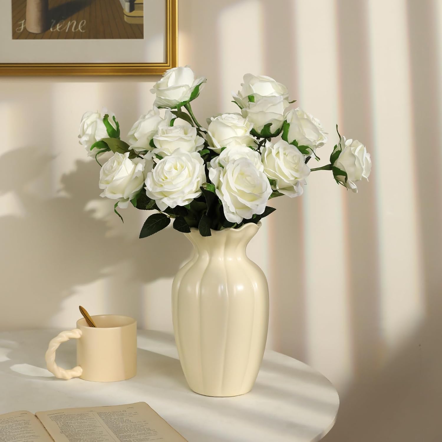 Nubry 24pcs Artificial White Roses, Fake Silk Roses Flower with Long Stems, Realistic Flowers for Bridal Wedding Party Table Centerpiece Home Decor - Image 2