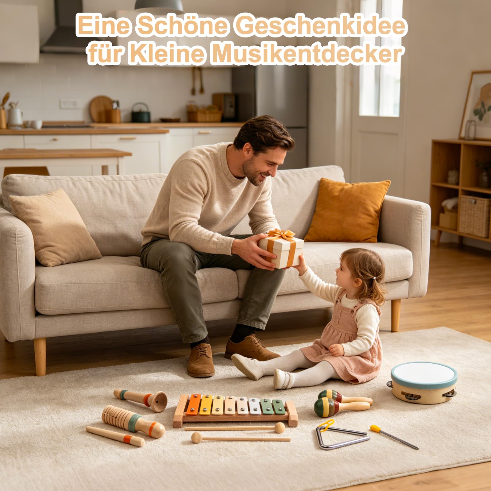Musikinstrumente für Kinder 3 Jahre, Montessori Musikset aus Holz, 12-teiliges Musikspielzeug mit Xylophon, Tamburin, Rasseln, Guiro, Triangel und Holzpfeife