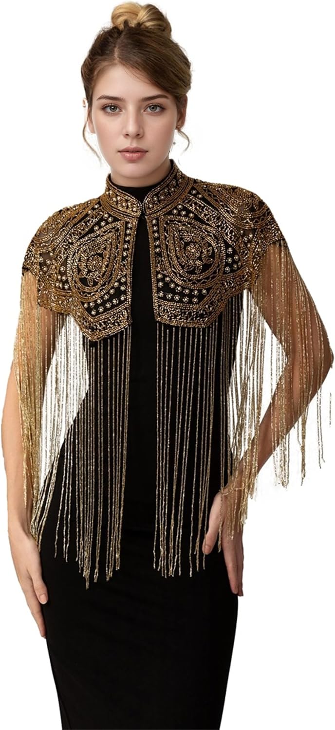 1920s Sequin Shawl Wraps for Women Long Fringed Beaded Evening Capelet Art Deco for Evening Dresses Wedding Party