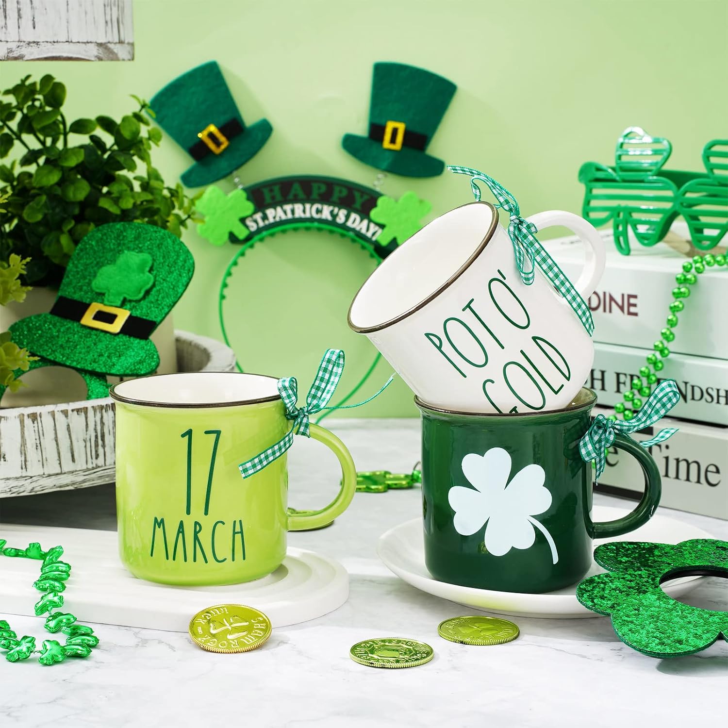 Whaline 6 Pcs St. Patrick's Day Mini Coffee Mug with Ribbon Shamrock Mini Mug Green White Lucky Clover Tiered Tray Decor for Irish Holiday Table Centerpieces Housewarming Gift