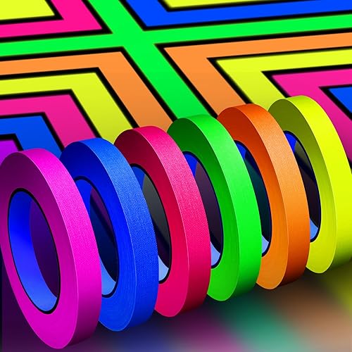 Miniatura 12 de Whaline Cinta de tela Gaffer de neón de 6 colores, cinta fluorescente de luz negra UV para fiestas UV (0.6 pulgadas x 16.5 pies)