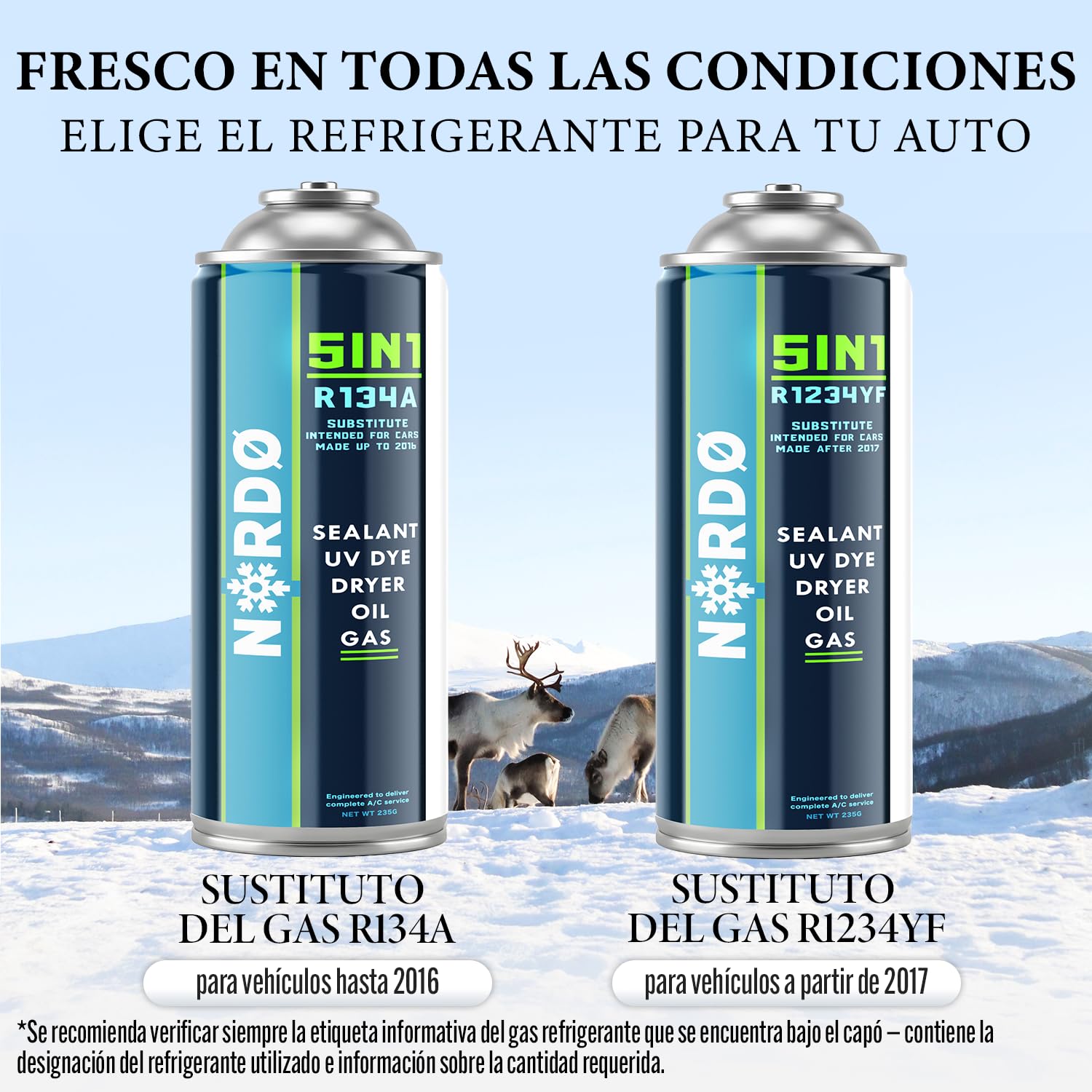 Nordo 5 en 1 – Refrigerante R134a XL para aire acondicionado de coche con aceite, sellador de fugas, trazador UV y deshidratante + adaptador HP/LP – Protege el compresor – 235 g por lata