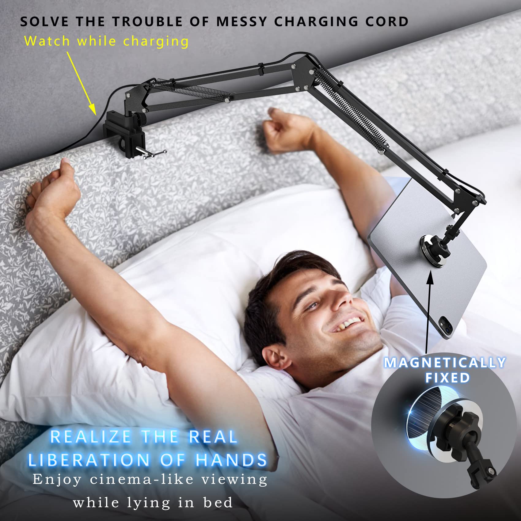 Magnetic Tablet Stand Holder, CACENCAN 2022 Wholehearted Designed Tablet Mount, 360° Rotation, Not Clip But Magnetic, Industrial Swing Arm Tablet Holder, Compatible with ipad/All Tablets/Switch/Kindle