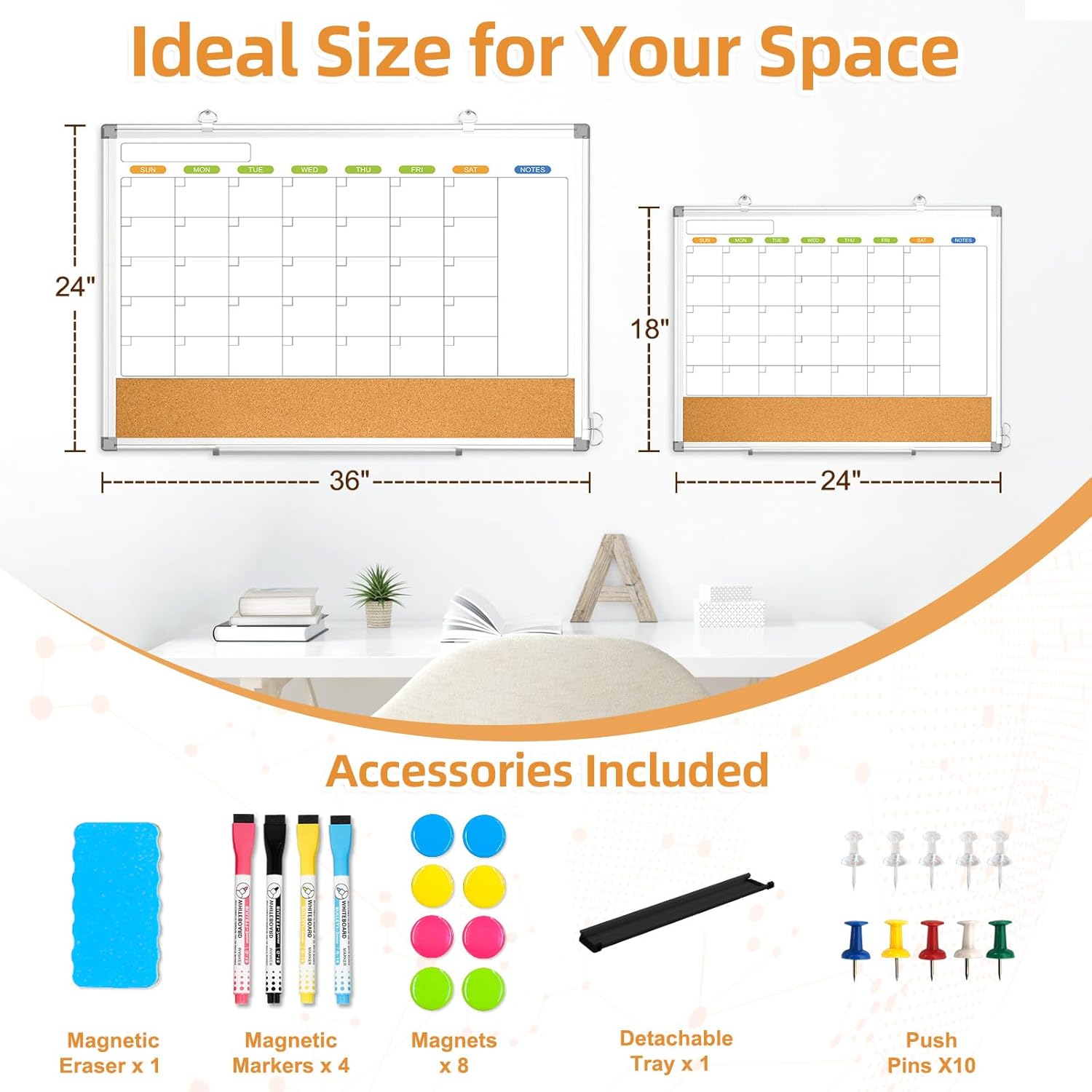 Dry Erase Calendar Whiteboard for Wall, WALGLASS 36" x 24" Double-sided Monthly Calendar White Board Cork Combo, Hanging Wall Mounted Bulletin Corkboards Silver Aluminum Frame for Home, Office, School