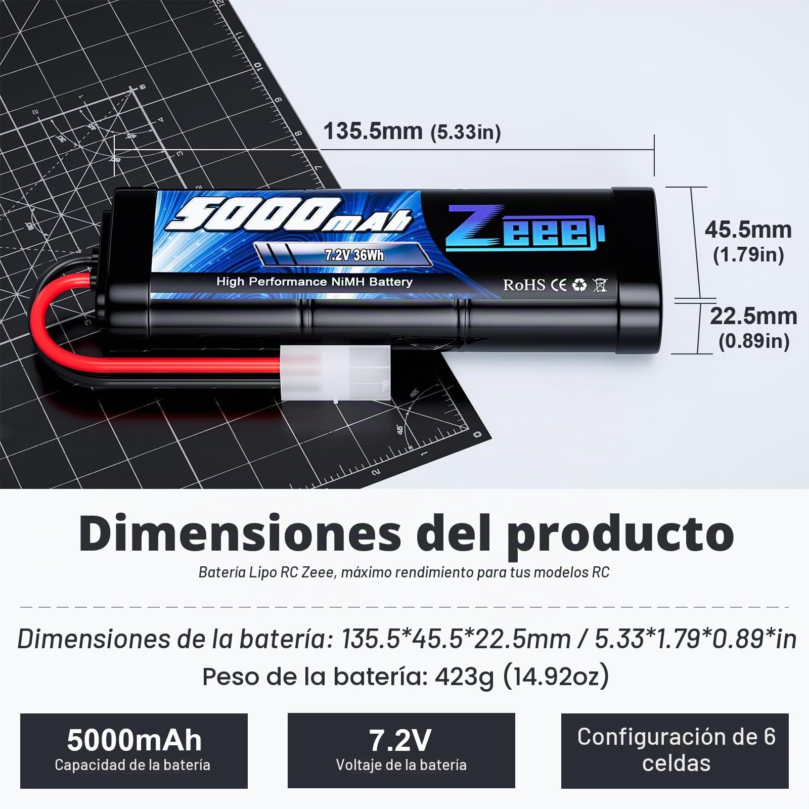 Zeee NiMH Batería RC 7.2V 5000mAh (2 Paquetes)