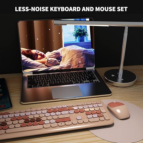 Miniatura 5 de Combo de teclado y mouse inalámbricos, colorido teclado ergonómico de tamaño completo retro de bajo ruido con bonitas teclas, compatible con