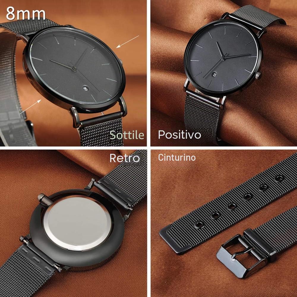 Unendlich U Orologio da uomo al quarzo ultra sottile impermeabile sport aziendale casual orologio con calendario digitale, quadrante nero con nastro nero in acciaio inossidabile