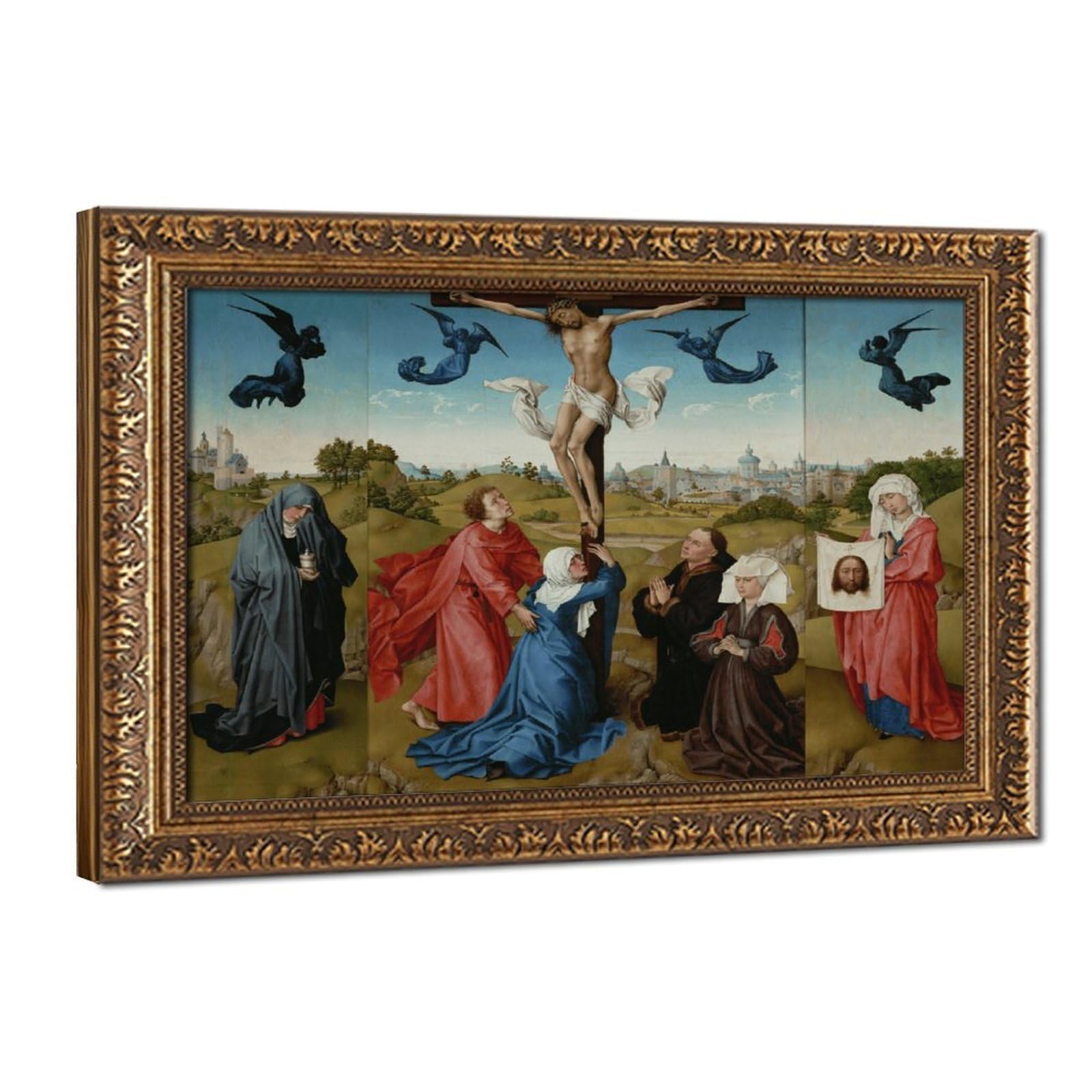 WCYB Rogier Van Der Weyden - Crucifixion Triptych Prints Posters Canvas Deco Paintings Wall Art For Office Hangable Frame 16" L X 24" W