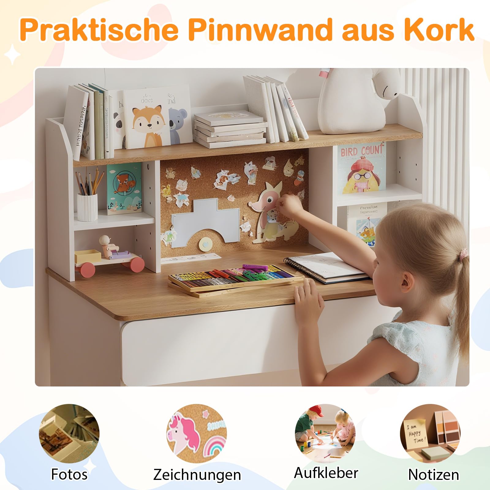 COSTWAY Schreibtisch Kinder mit Ladestation, Kinderschreibtisch aus Holz, Schülerschreibtisch mit Pinnwannd, 2 Schubladen & verstellbaren Regalen, Jugendschreibtisch für Kinder ab 6 Jahren
