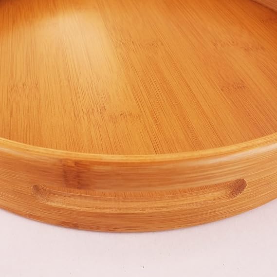 Round Bamboo Tray with Deconox Carrying Handle (30 cm) | Natural Wooden Serving Tray | Coffee, Breakfast and Decorative Desktop Organizer