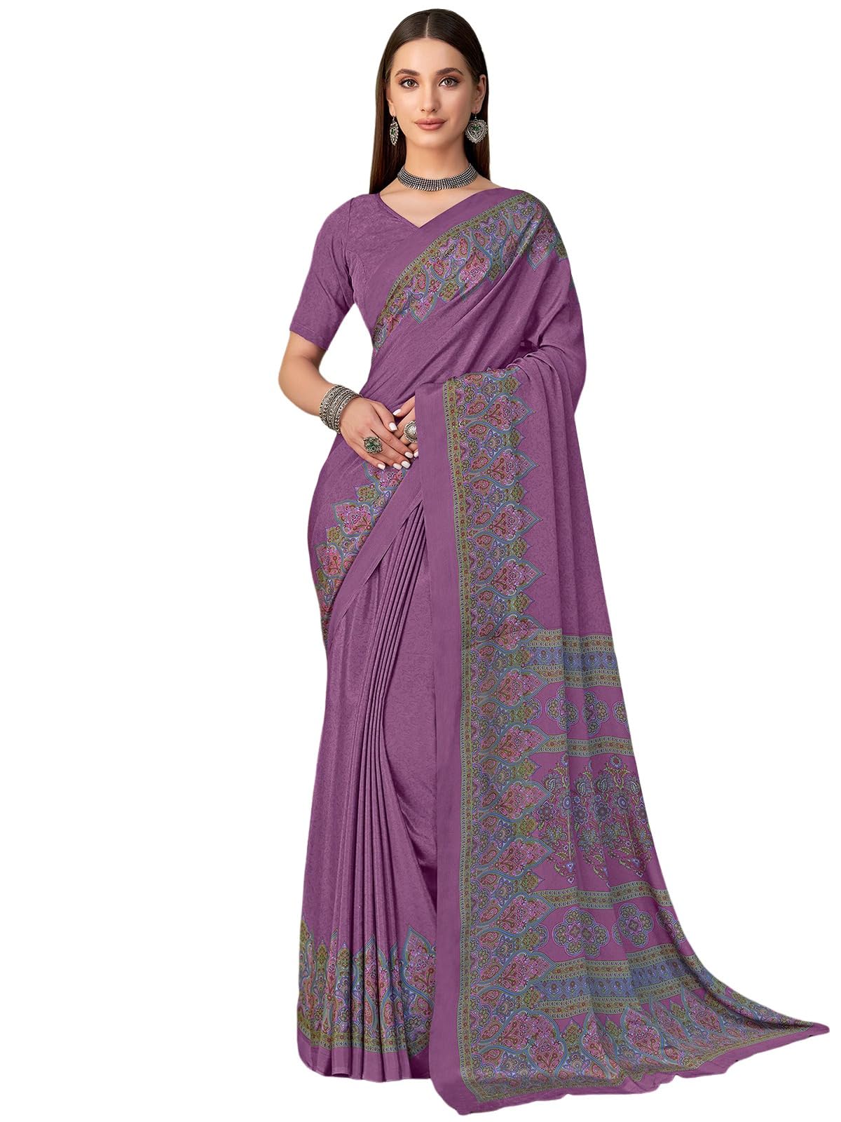 Satrani Women's Silk Crepe Printed Saree With Unstitched Blouse Piece (4079S3287N_Purple)