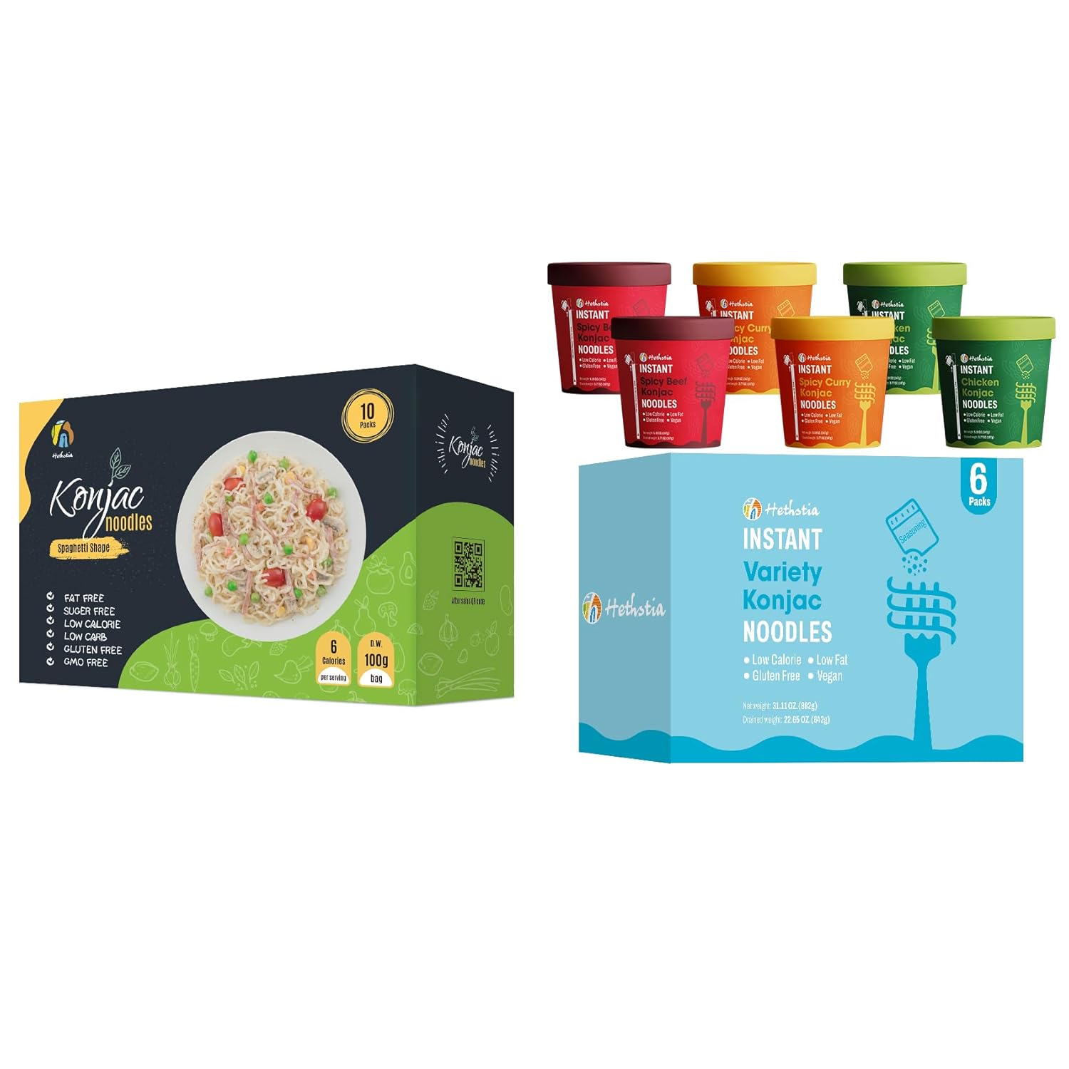 Hethstia Konjac Spaghetti 10-Pack & Pho Soup Variety 6-Pack Bundle – Low Carb Shirataki Pasta, Pre-Cooked Vegan Pho Cups (Chicken, Spicy Curry, Spicy Beef), Gluten-Free, Sugar-Free, Keto, Healthy Asia