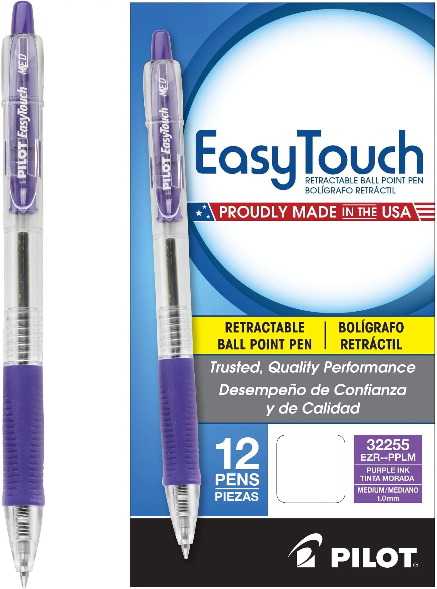 EasyTouch Refillable & Retractable Ballpoint Pens, Medium Point, Purple Ink, 12-Pack (32255)