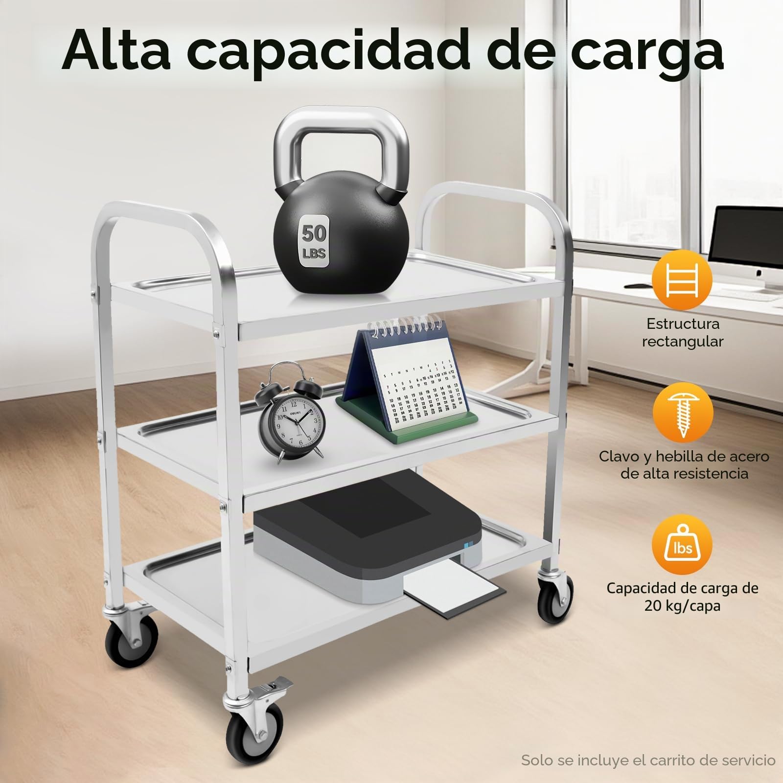Carro de cocina de acero inoxidable de 3 niveles con asa, carrito de servicio con ruedas con freno, estante de cocina máx. 60 kg, carrito multifuncional para comedor, salón, hotel