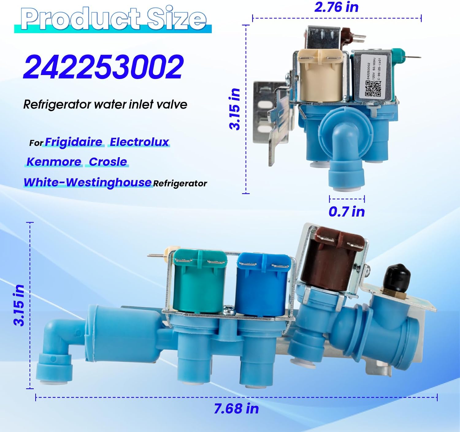 242253002 Refrigerator Water Inlet Valve Compatible with Frigidaire Electrolux Kenmore Crosley Ikea and White-Westinghouse, Replacement Part 242102201 2689640 AP5669874 PS7321353 EAP7321353