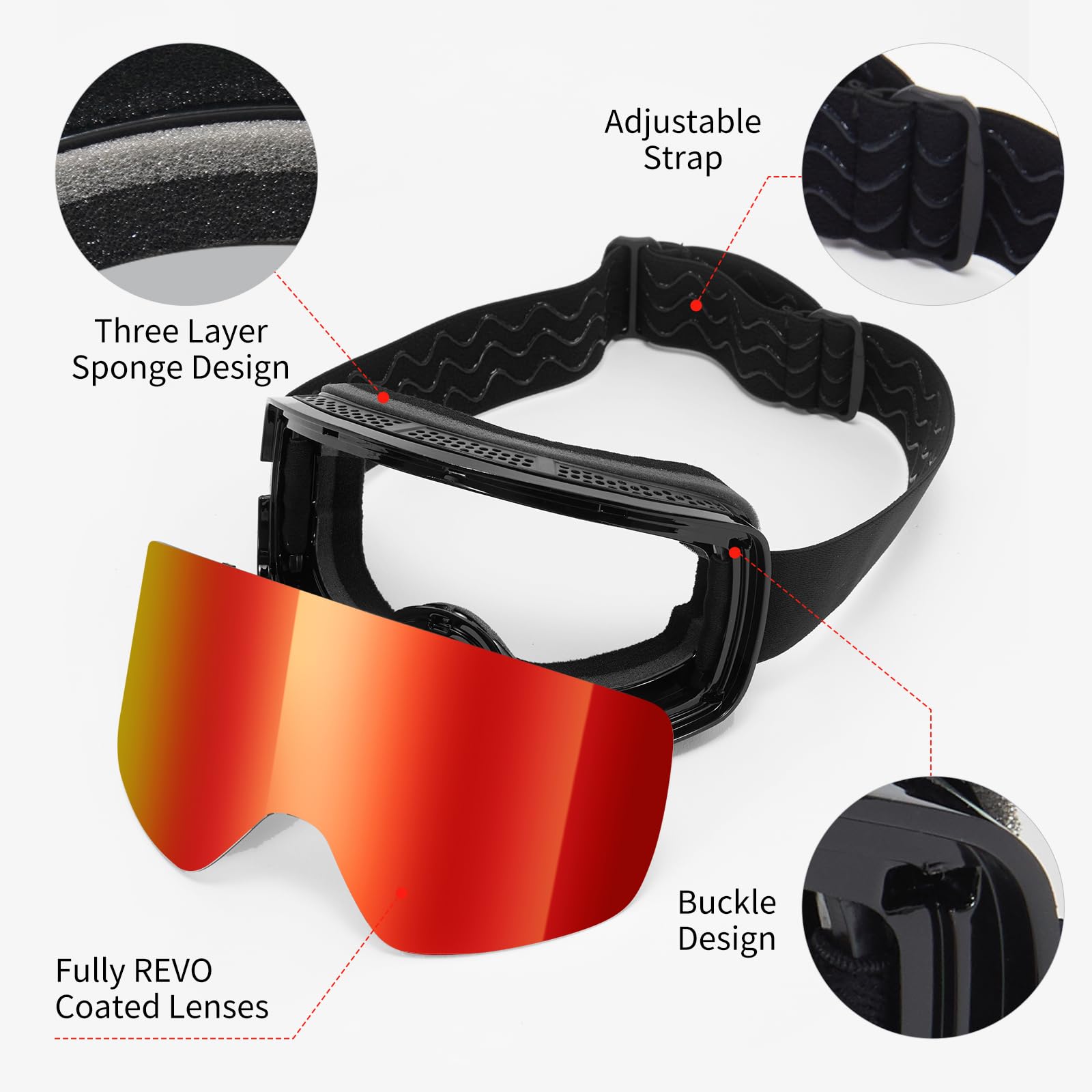Gafas de Esquí YH227 OTG Ajustable Protección UV Anti-Niebla Snowboard Nieve Espejo