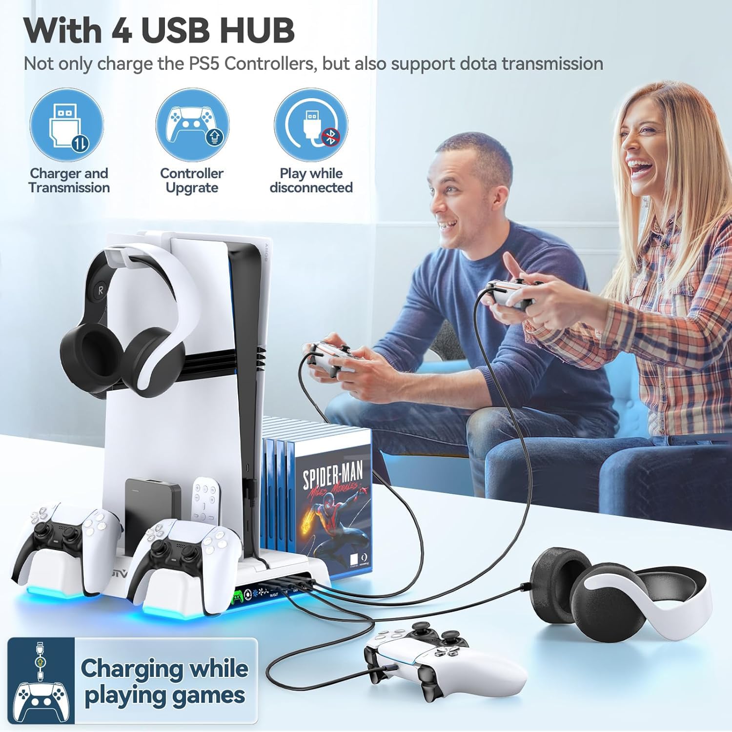 PS5 PS5 Slim Ständer mit 3-stufigem Lüfter und RGB Licht, Standfuß mit 3 USB Ports, Controller Ladestation, Headset Halter, 14 Spiele Aufbewahrung