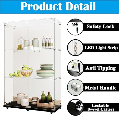 Miniatura 221 de Vitrina de cristal con 4 estantes con tira de luces LED y cerradura, vitrina de vitrina con ruedas y 1 puerta, vitrina de vidrio templado para sala