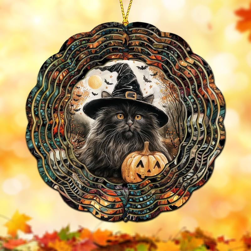 Halloween British Semi Longhair cat is Wearing Witch hat Wind Spinners, Garden Decoration, 8 inches Stainless Steel Wind Sculpture
