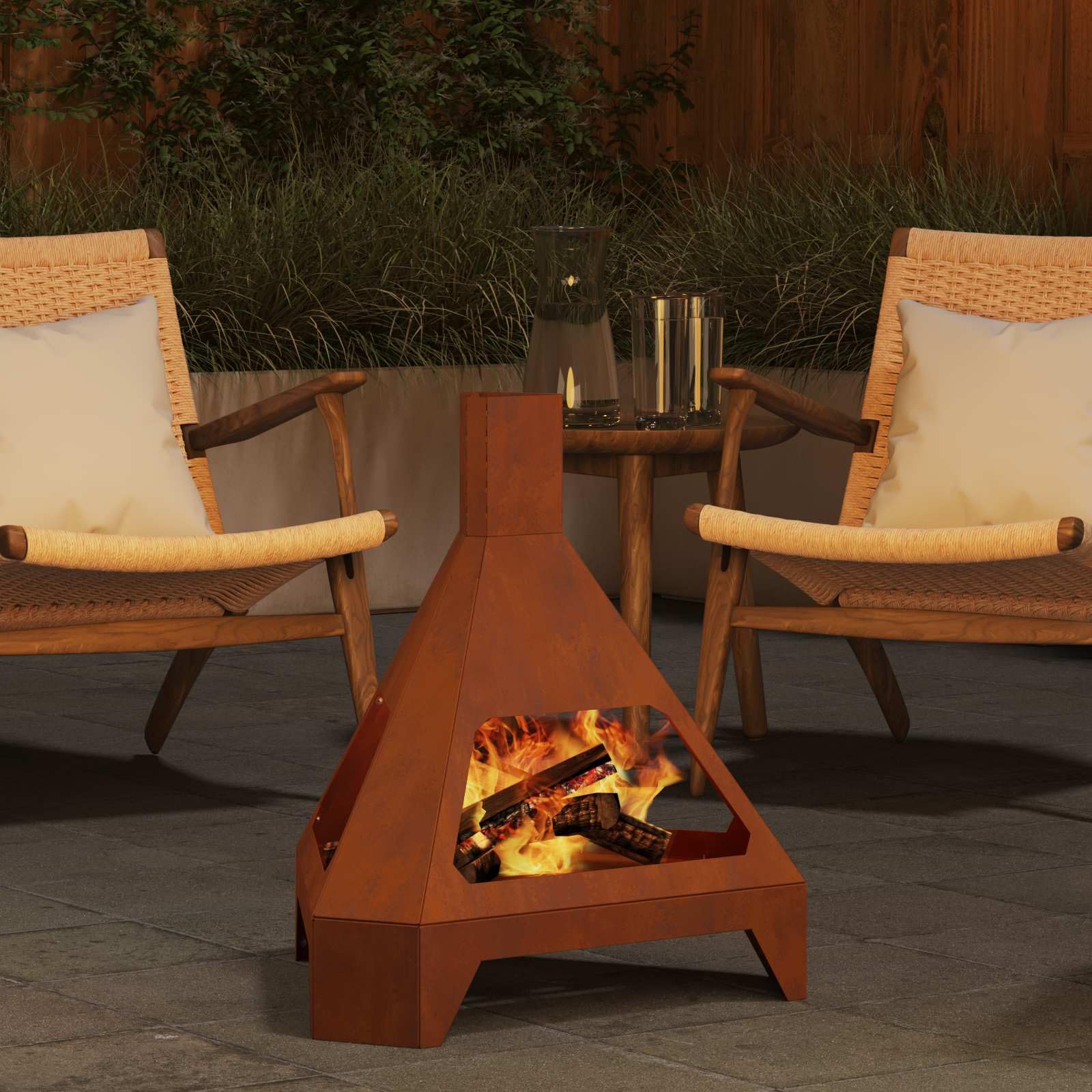 Brasero marrón de acero resistente a la intemperie, 50 x 43 x 52 cm, brasero resistente para jardín, balcón, terraza, calefacción duradera con diseño de horno para horas cálidas al aire libre