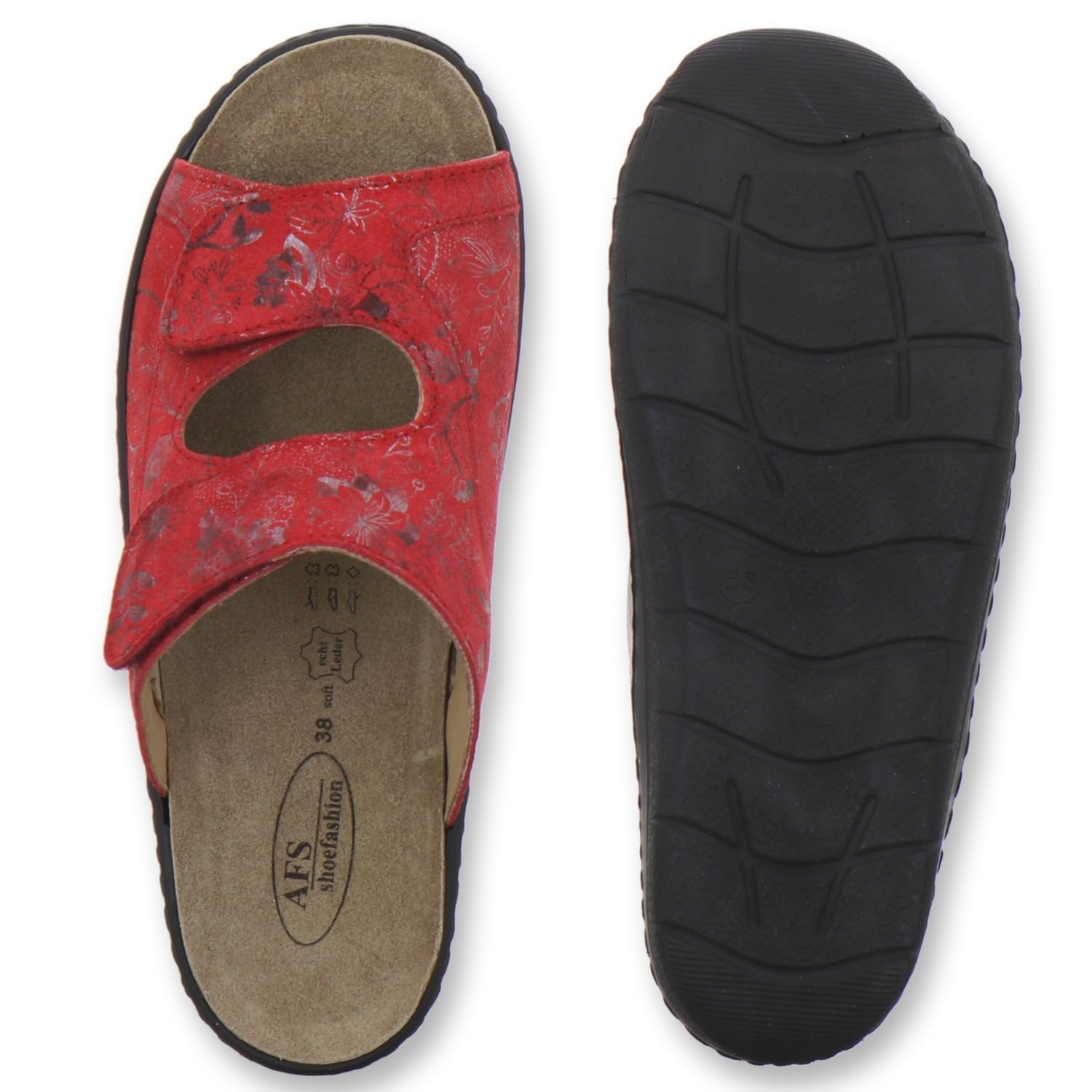 AFS-Schuhe 27832 Damen Pantoletten Hallux aus Leder mit Wechselfussbett, Bequeme Hausschuhe für Frauen mit Klettverschluss, Made in Germany