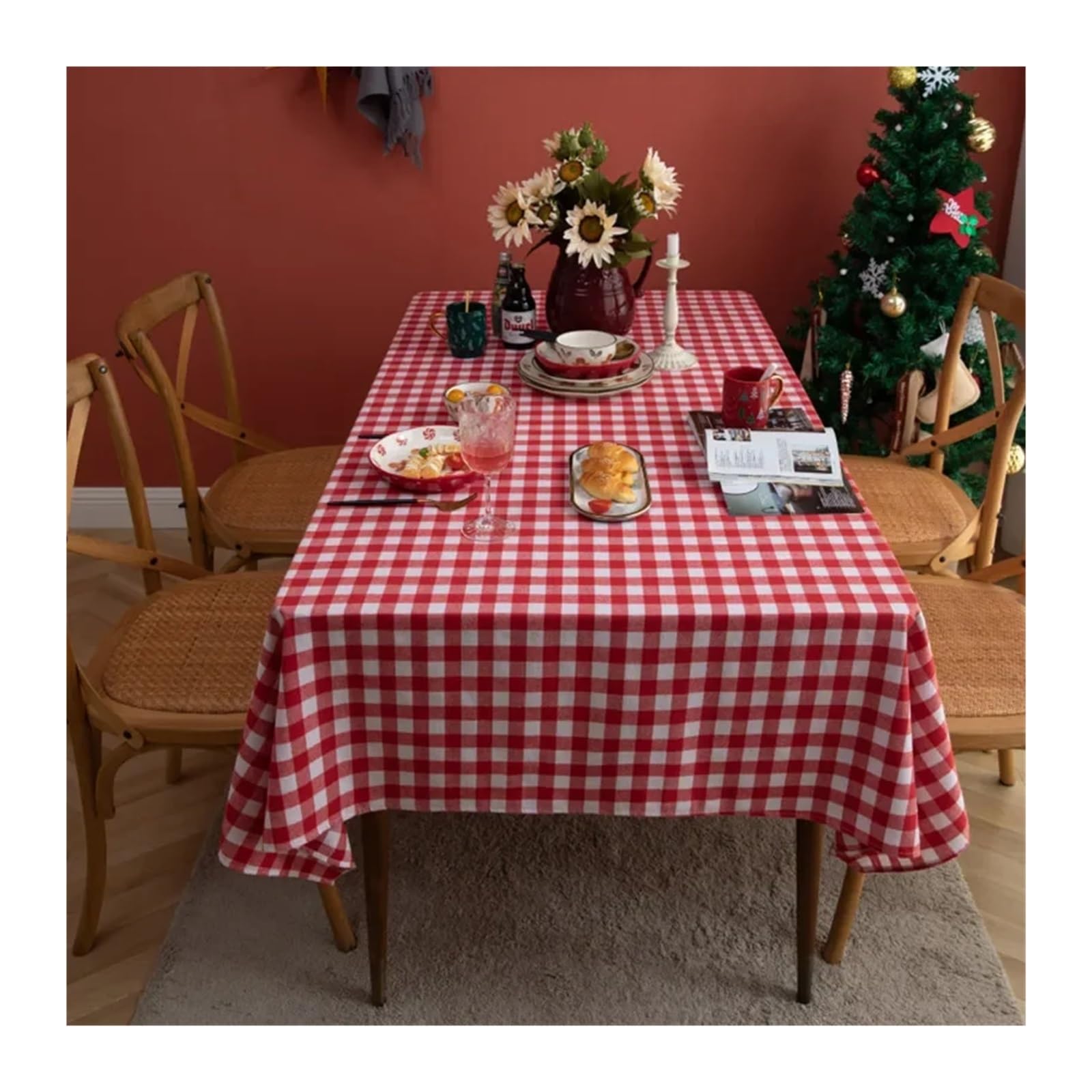 Mantel de Navidad Red Green Plaid Table Cloth Cotton Christmas Party Rectangle Tablecloth Dining Cover For Picnic BBQ Home Decor Mantel Mesa(Navy Red Plaid,140x250CM)