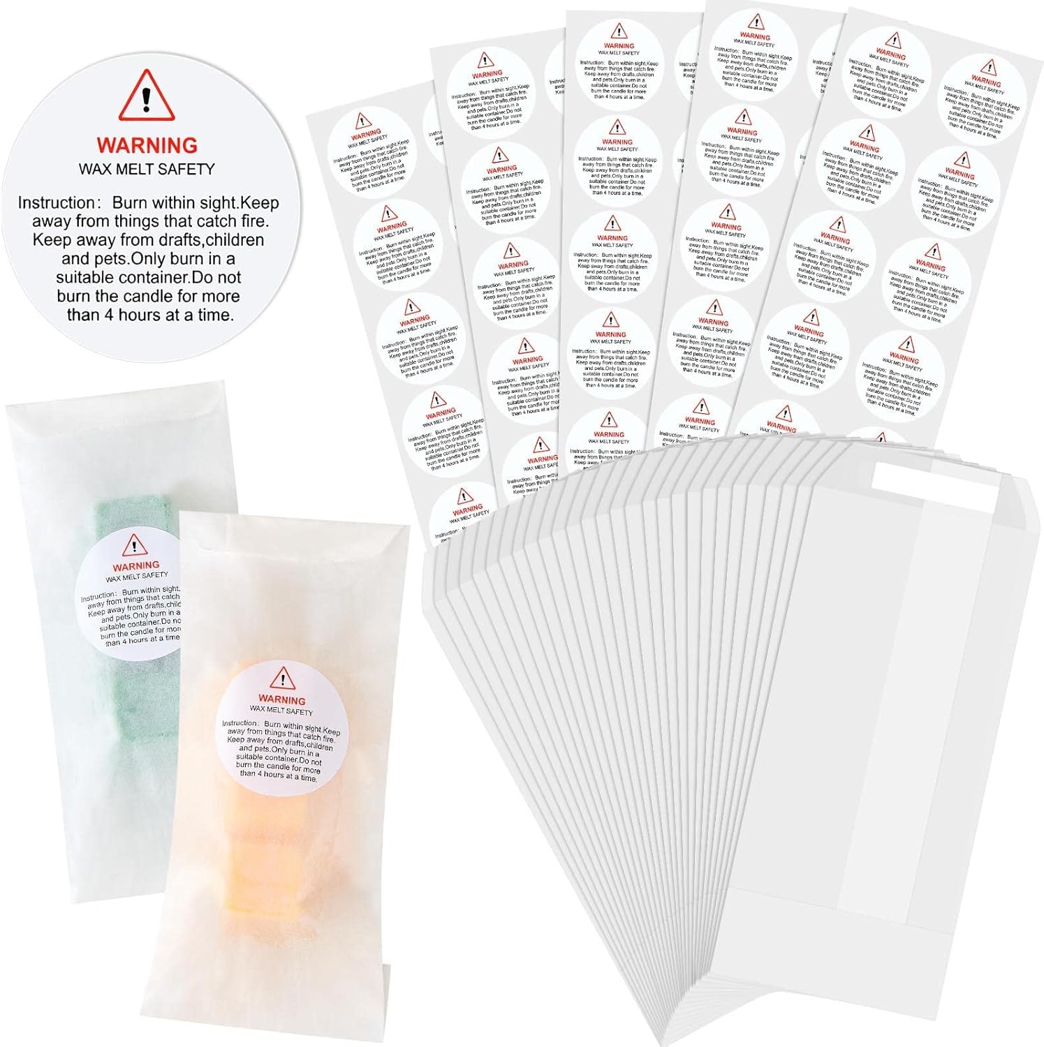 50 Sets 7 x 16 cm Wax Melts Snap Bar Packaging Bags and Candle Warning