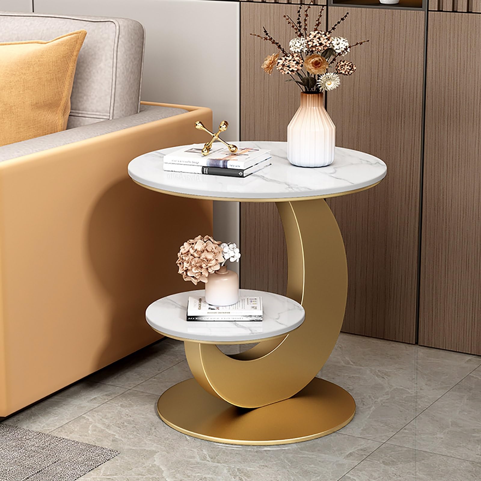 dener moderner minimalistischer Nachttisch mit doppelschichtiger Schiefer-Arbeitsplatte - kleines rundes Design für Schlafzimmer und Wohnzimmer perfektes Aufbewahrungsregal.