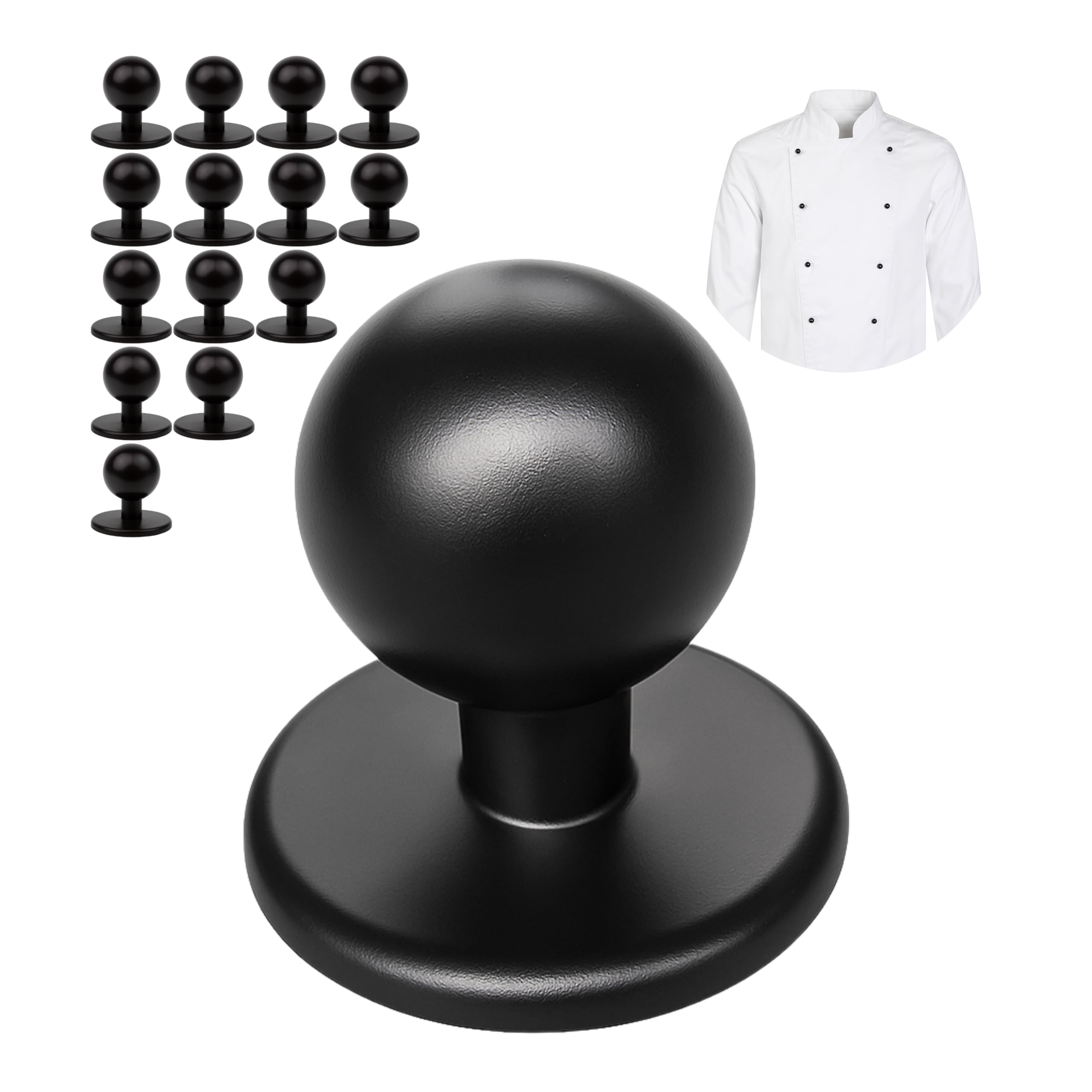 Round Buttons for Chefs Jacket, 15 Pieces, Black Chef Buttons with 12.5 mm Head Diameter, Supply Set, Total Size 19 x 12.5 x 18 mm, Black Ball Buttons, Kitchen Jacket Buttons, Motif Buttons