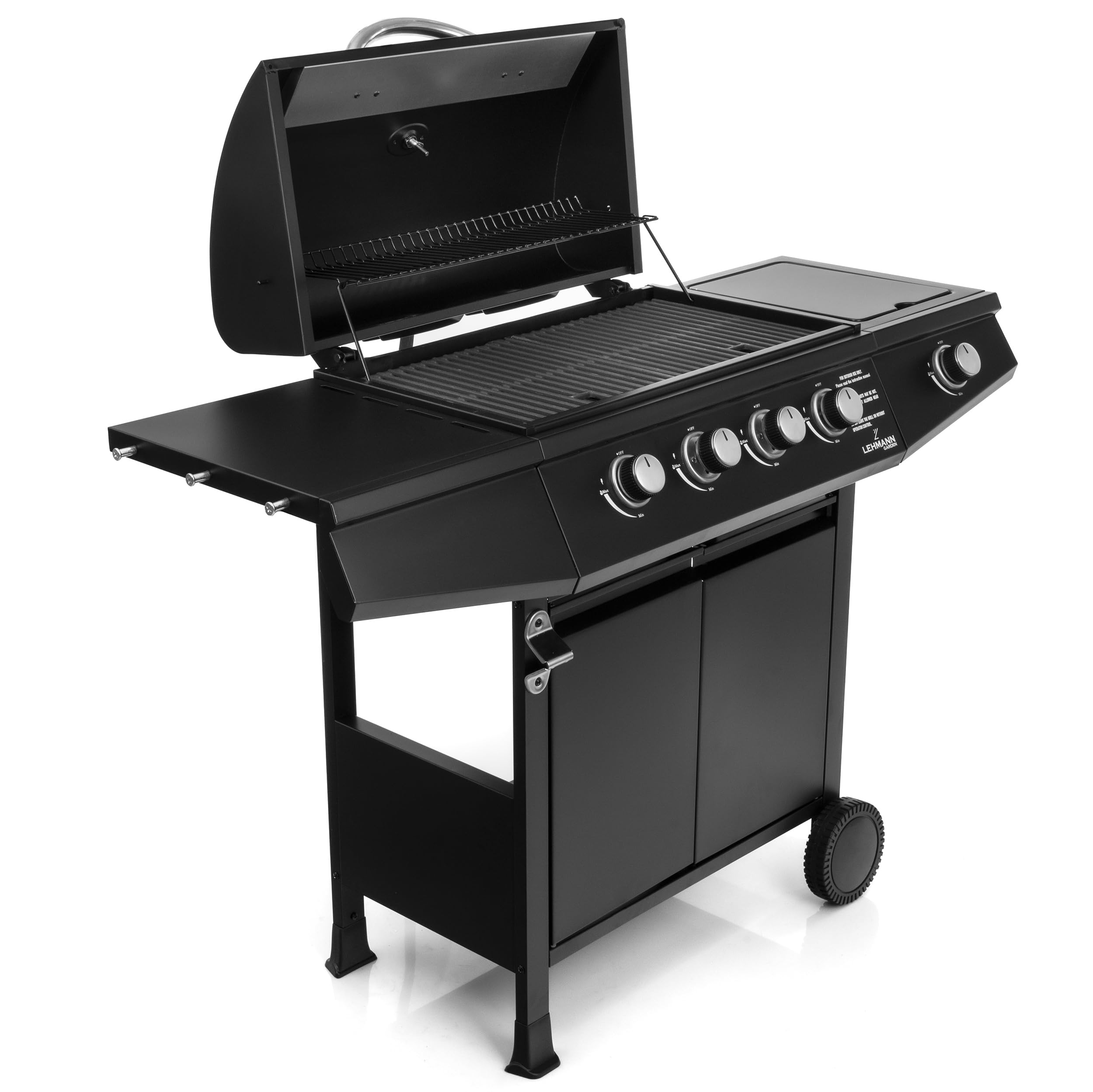 Lehmann Grill gazowy Ohio Black, na kółkach, stal nierdzewna, czarny, 4 Palniki + Palnik Boczny, 9,3 kW, Żeliwny Ruszt 33 x 66 cm, z Termometrem i Szafką, Pokrowiec, reduktor i wąż