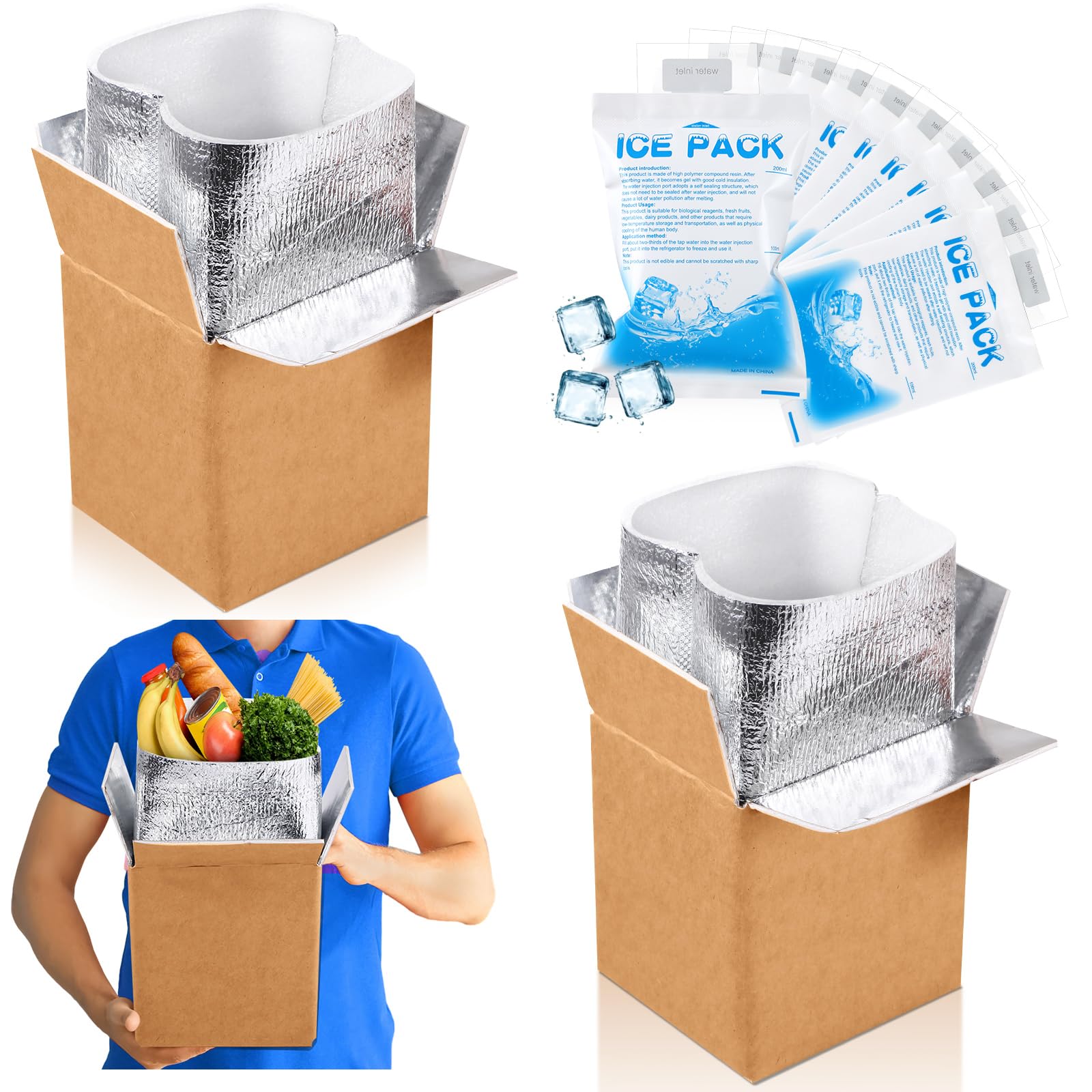 Honoson 2 Pcs Thermal Insulated Shipping Boxes for Frozen Food with Ice Pack and Aluminum Foil Liner for Shipping Big Cold Pack Cooler Mailing Boxes