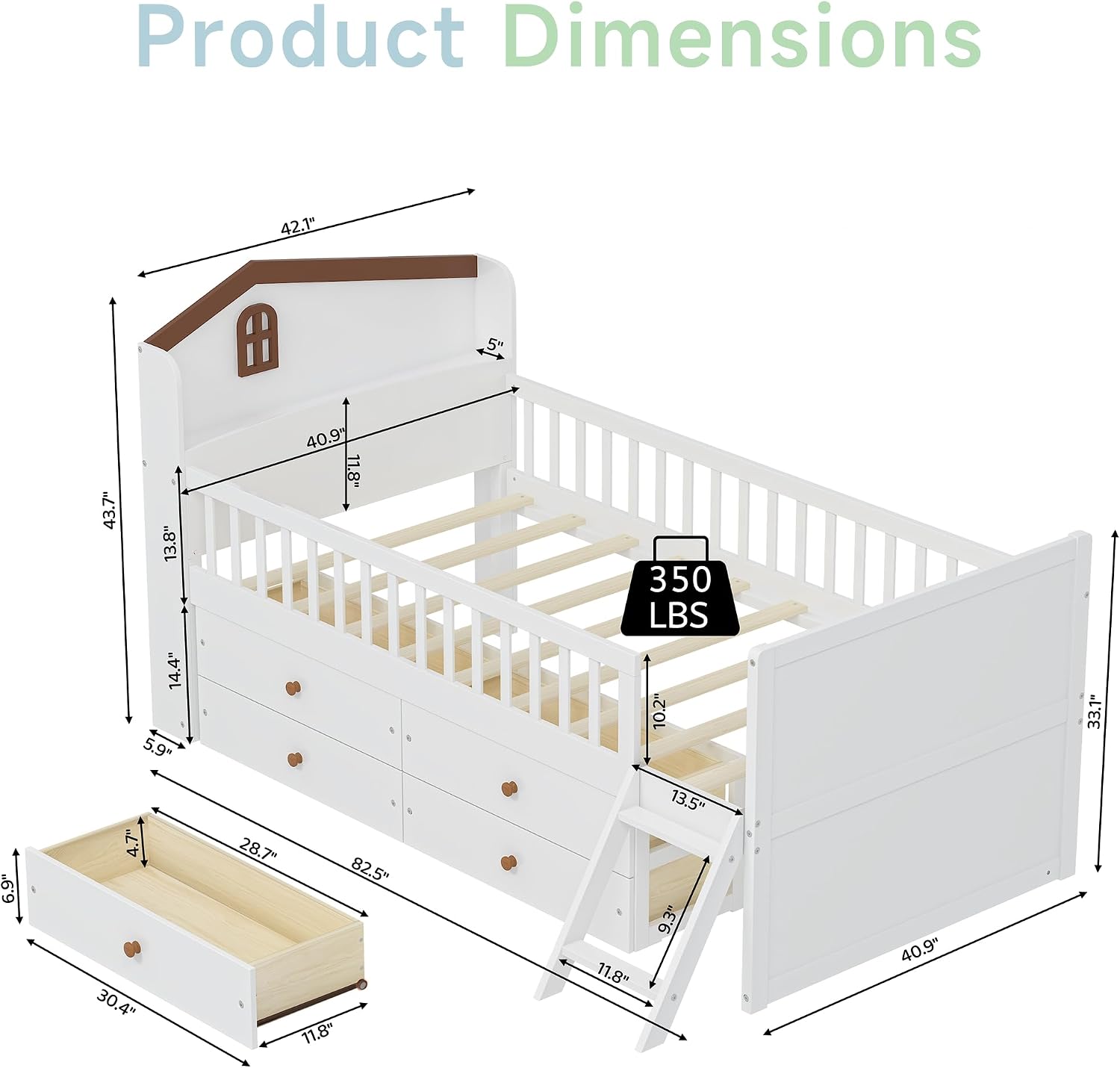 Twin Size Low Loft Bed with Storage 4 Drawers, Wooden Loft Bed with Guardrail Headboard and Ladder, Twin Platform Bed for Kids, No Box Spring Needed, Easy Assembly, White