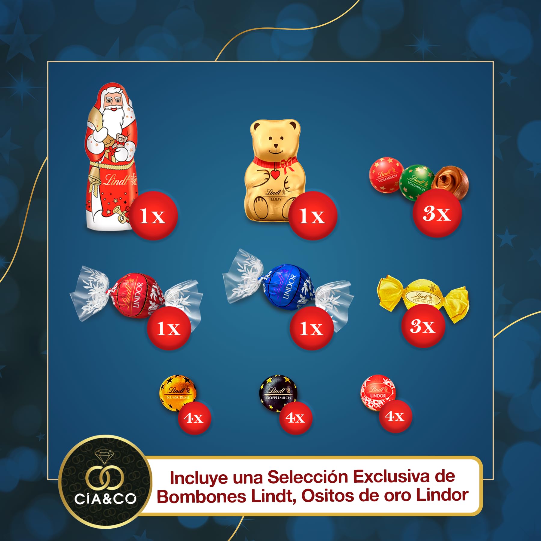 Calendario de Adviento LINDT Ciudad Navideña XXL 2025 · Formato Desplegable con Efectos Dorados · Bombones, y Figuras Lindor · Incluye Tarjeta Personalizada Cia&Co · Regalo Premium de Navidad 153 g