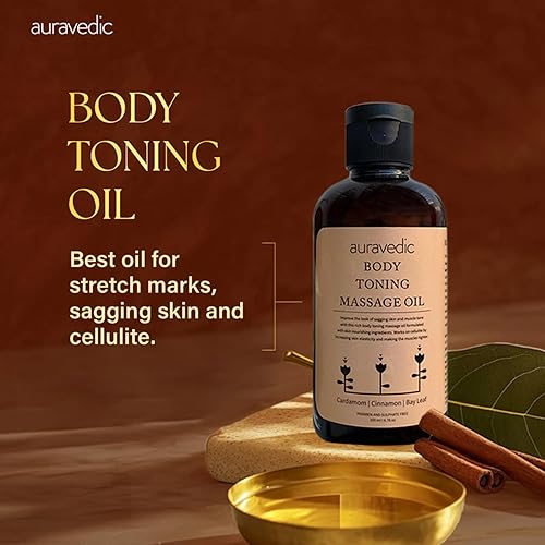 Miniatura 2 de Auravedic Aceite de masaje tonificante corporal  Ayuda a reducir las estrías, la celulitis y la flacidez  Infundido con canela, cardamomo y laurel