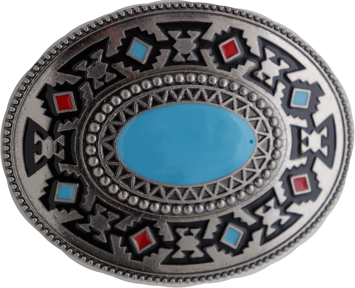 Men Western Fashion Belt Buckle Silver Metal Ethnic Cowboy Turquoise Blue Native Style