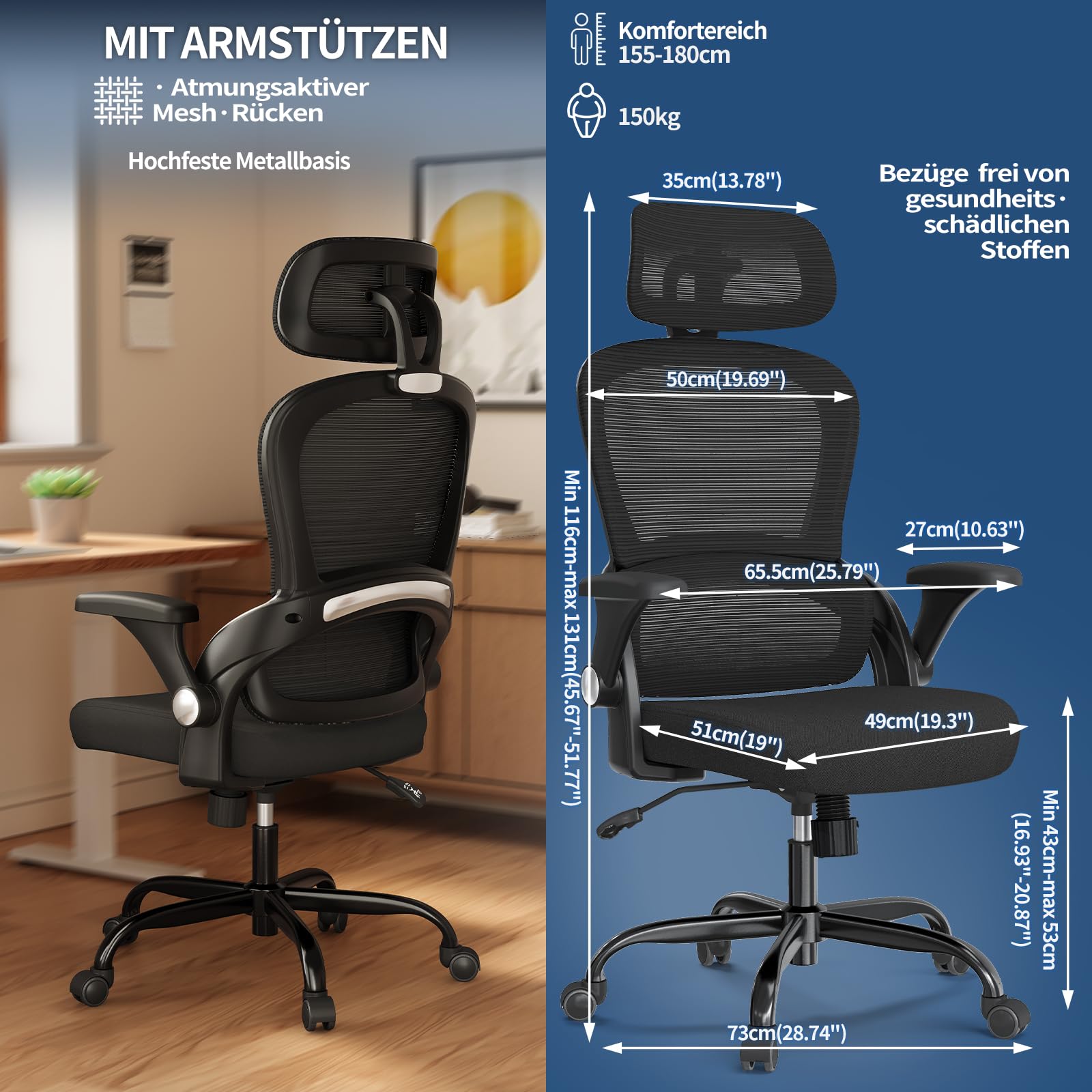 TRALT Ergonomischer Bürostuhl - Schreibtischstuhl mit Verstellbare Kopfstütze Höhenverstellbarer Bürostuhl Büro Stuhl - Office Chair Ergonomic Desk Chair - Gaming Stuhl 150kg für Lange Zeit Schwarz