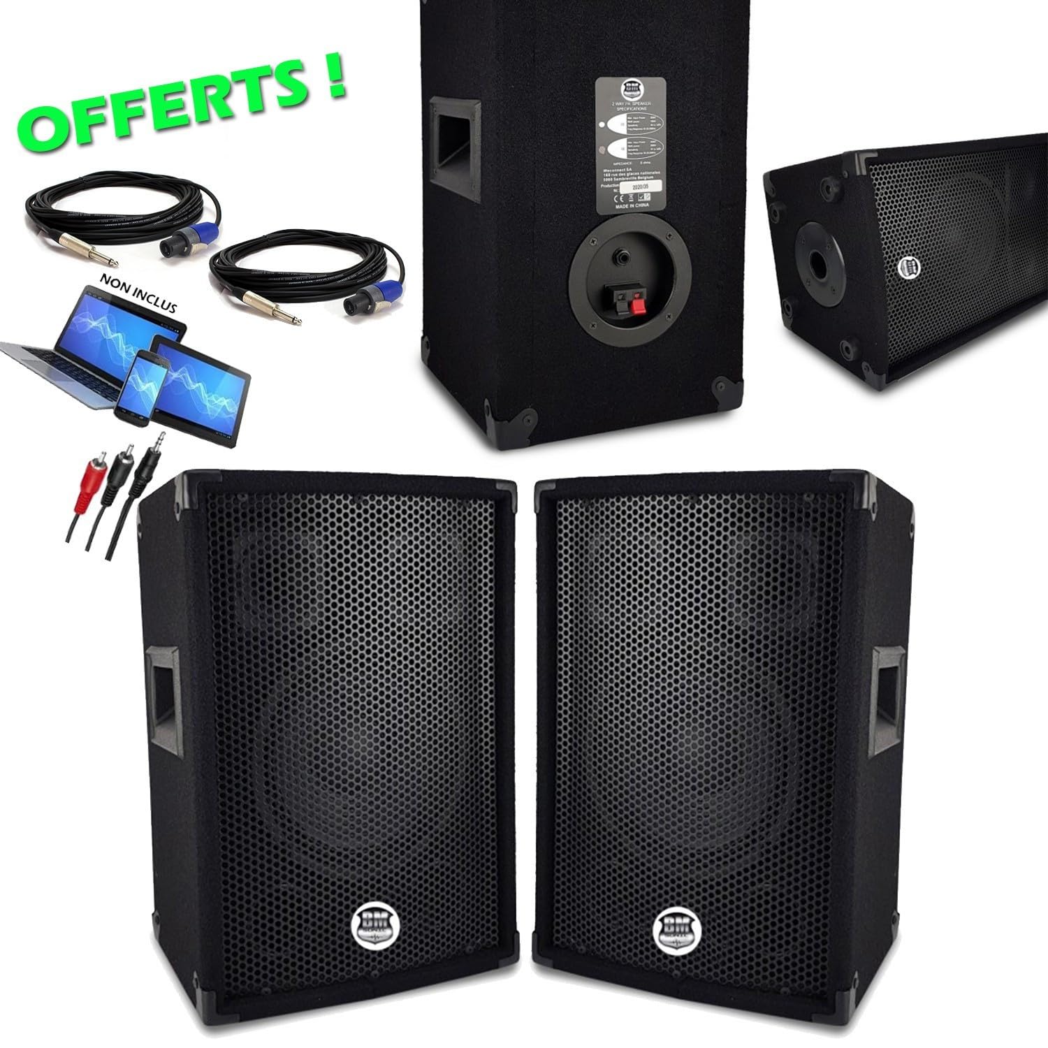 Pack Sono Enceinte + SUBWOOFER 1800W USB Bluetooth + Pieds + Cables + PORTIQUE LUMIERES - PA DJ Sono Mix Soirée Disco Mobile