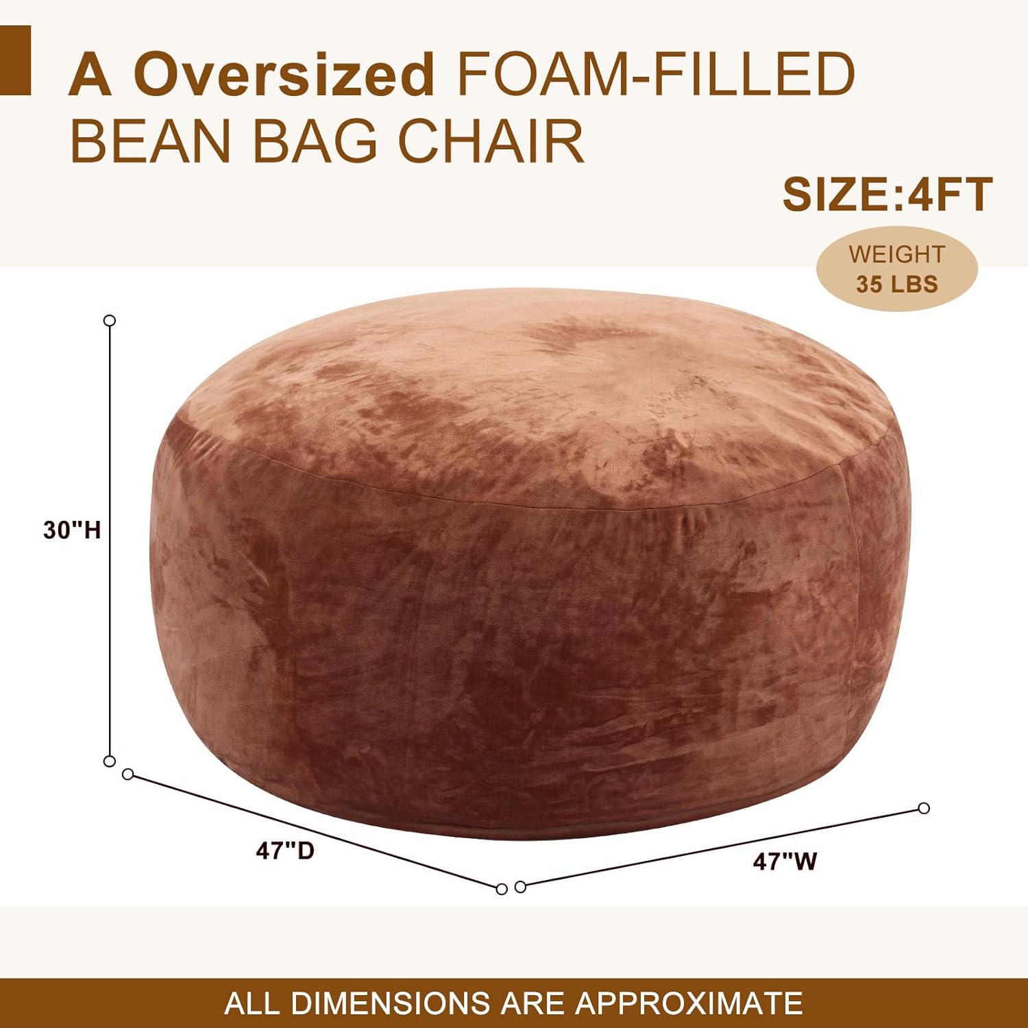 Magic in House 4FT Bean Bag Chair - BeanBag Chairs with Filler, Large Round Fluffy Sofa for Adults, Removable Machine-Washable Flannel Cover, for Living Room & Bedroom - Brown(46"x46"x28")