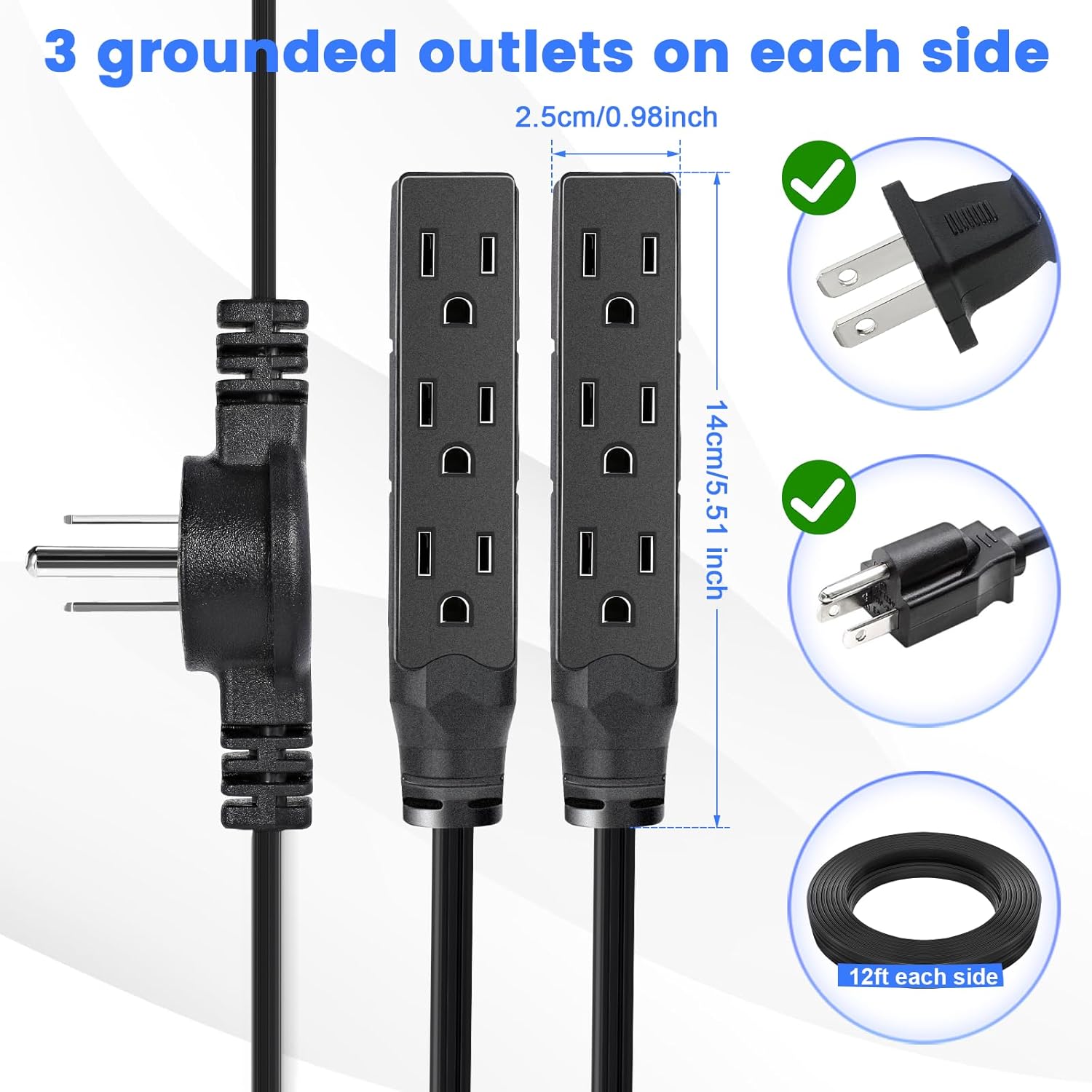 HOUHUI Twin Extension Cord Power Strip 24Ft, Double Extension Cord Splitter with 6 3 Ground Outlets for Indoor Use, Flat Plug Extensions Cord Two Way Splitter for Behind Bed Cabinet Couch Furniture