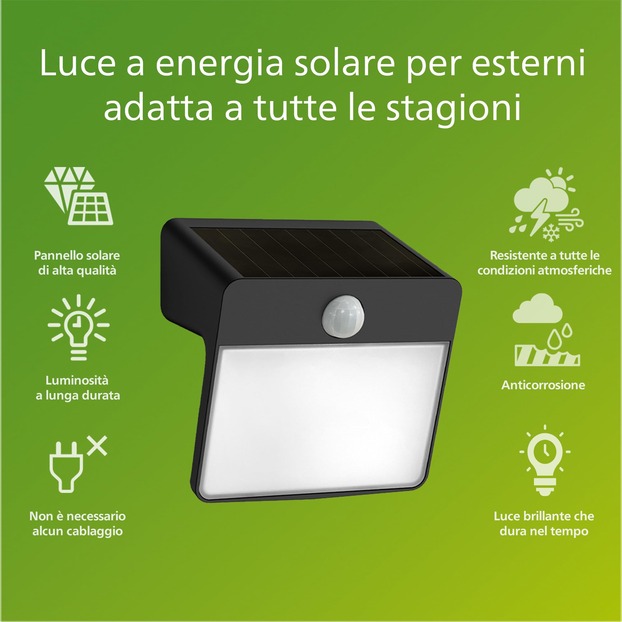 Philips LED Yarixa Lampada Solare da Parete per Esterni, Luce Bianca Calda, 2.2W, Sensore di Movimento, IP44, Nero