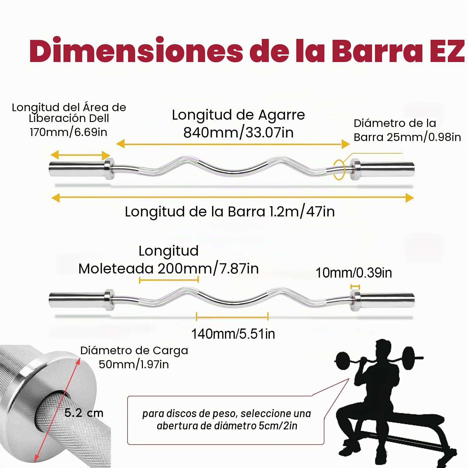 tonchean Barra curva EZ de 47 pulgadas/34 pulgadas para discos de peso de 2 pulgadas/1 pulgada, barra de pesas de acero para levantamiento de pesas, barra de tríceps con 2 collares de resorte para