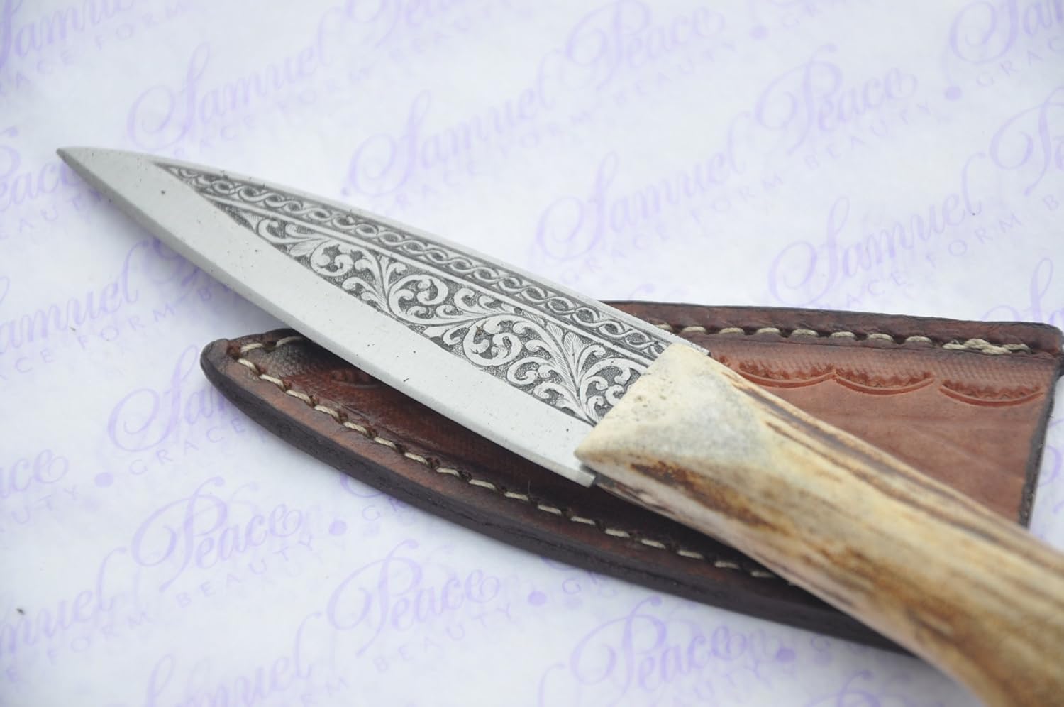 New Genuine Hand Engraved Steel Full Roe Deer Stag Handle Sheffield Sgian Dubh with Leather Sheath